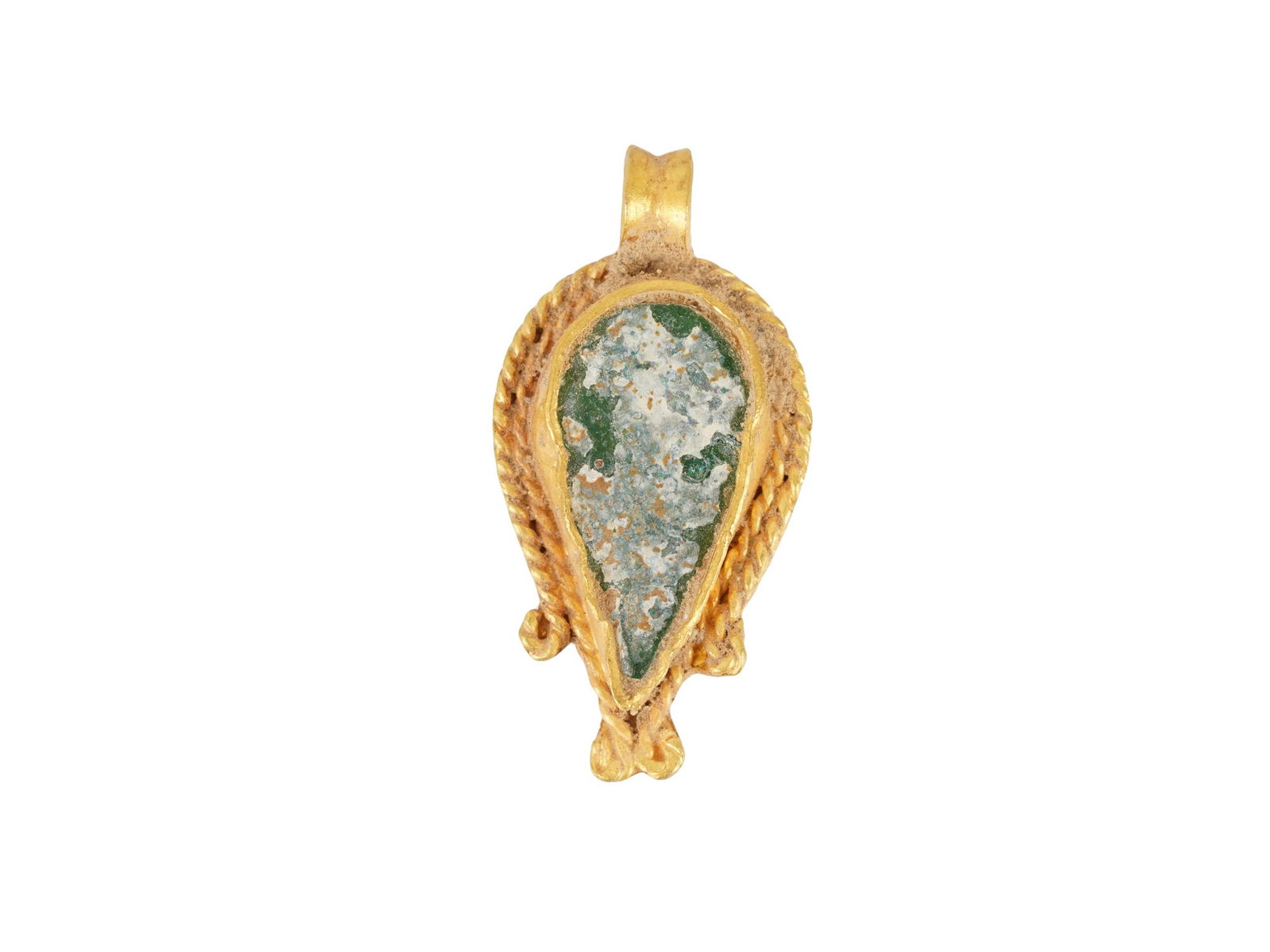 ANCIENT EGYPTIAN GOLD AND IRIDESCENT GLASS PENDANT: An ancient Egyptian Gold and iridescent glass pendant in the shape of a drop, reminiscent of a lotus flower bud. Circa: 700 to 200 BC. Ancient Gold Wares, Jewelry Wares and Accessories, Museum Pieces,