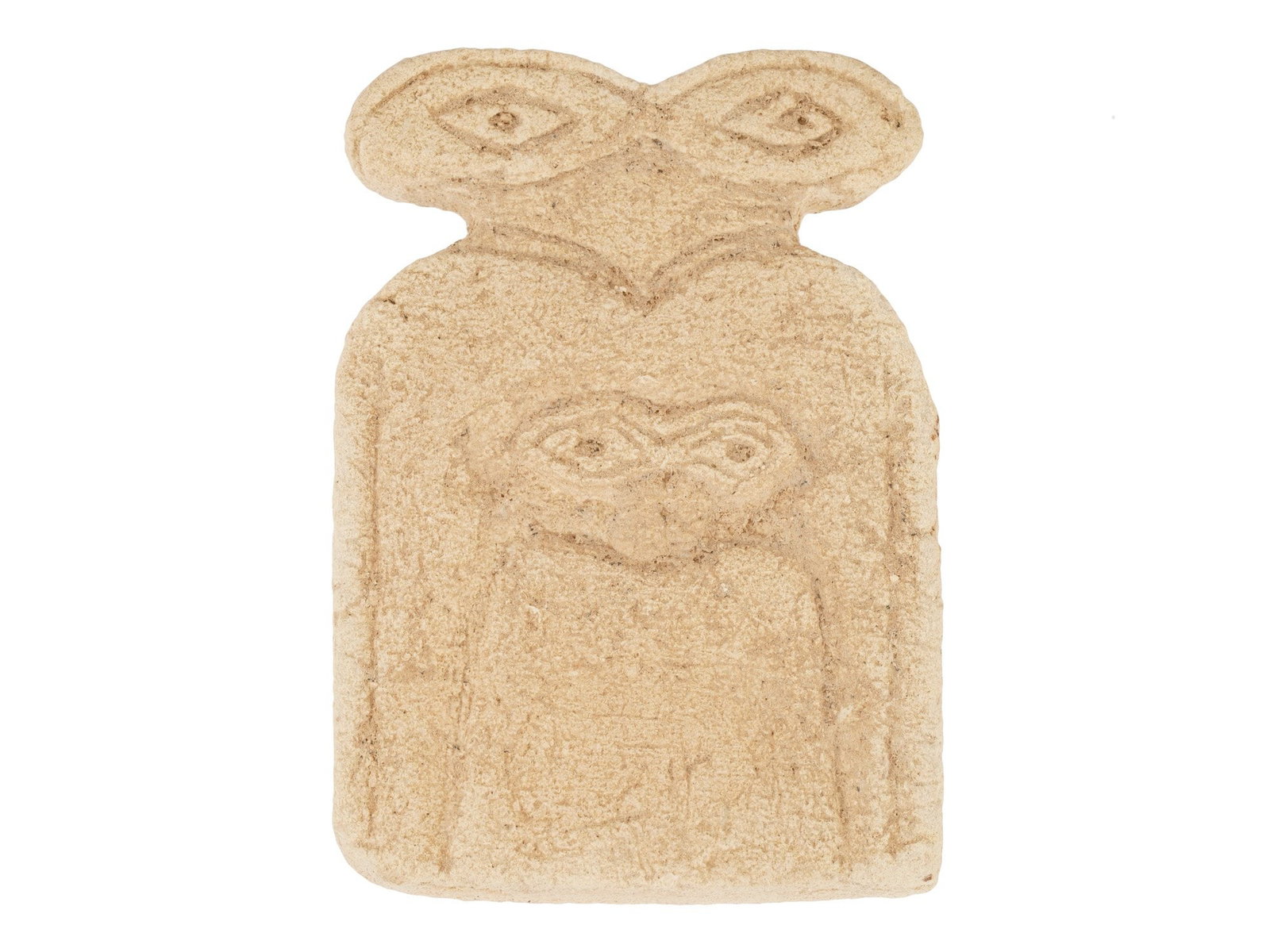 ANCIENT NEAR EASTERN STONE EYE IDOL 2ND MILLENNIUM BC: An ancient Near Eastern carved stone Eye idol temple figurine. One of the most famous artifact types from early Mesopotamia. Shaped like a weight surmounted by two eyes, much scholarly conjecture has