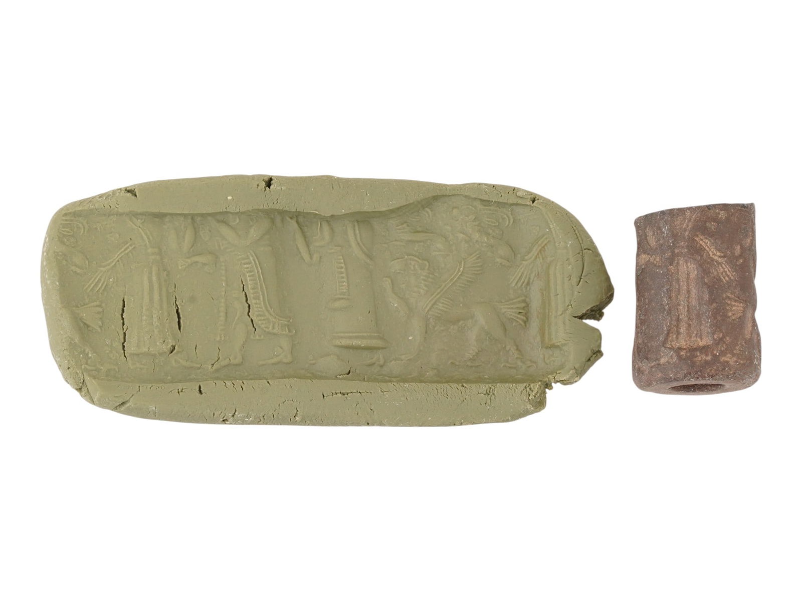 ANCIENT NEAR EASTERN CYLINDER SEAL BEAD W RITUAL IMAGE: An ancient Near Eastern cylinder seal bead with an engraved image featuring a ritual. Circa the 1st millennium BC. Collectible Historical Artifacts, Archaeological Finds And Relics, and Carved Ritual