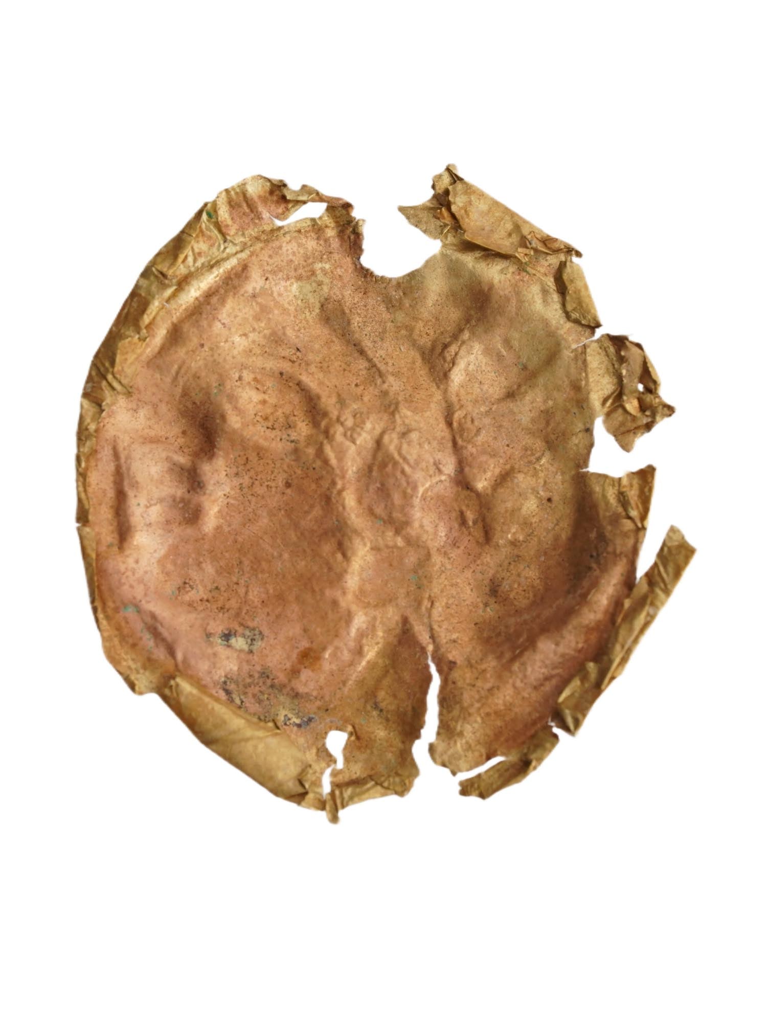 ANCIENT HOLY LAND EMBOSSED GOLD PLAQUE 400 BC: An ancient Holy Land Gold plaque. The circular shaped plaque is adorned with an embossed design. Circa: 400 BC. Collectible Historical Artifacts, Archaeological Finds And Relics, and Gold Plates and P