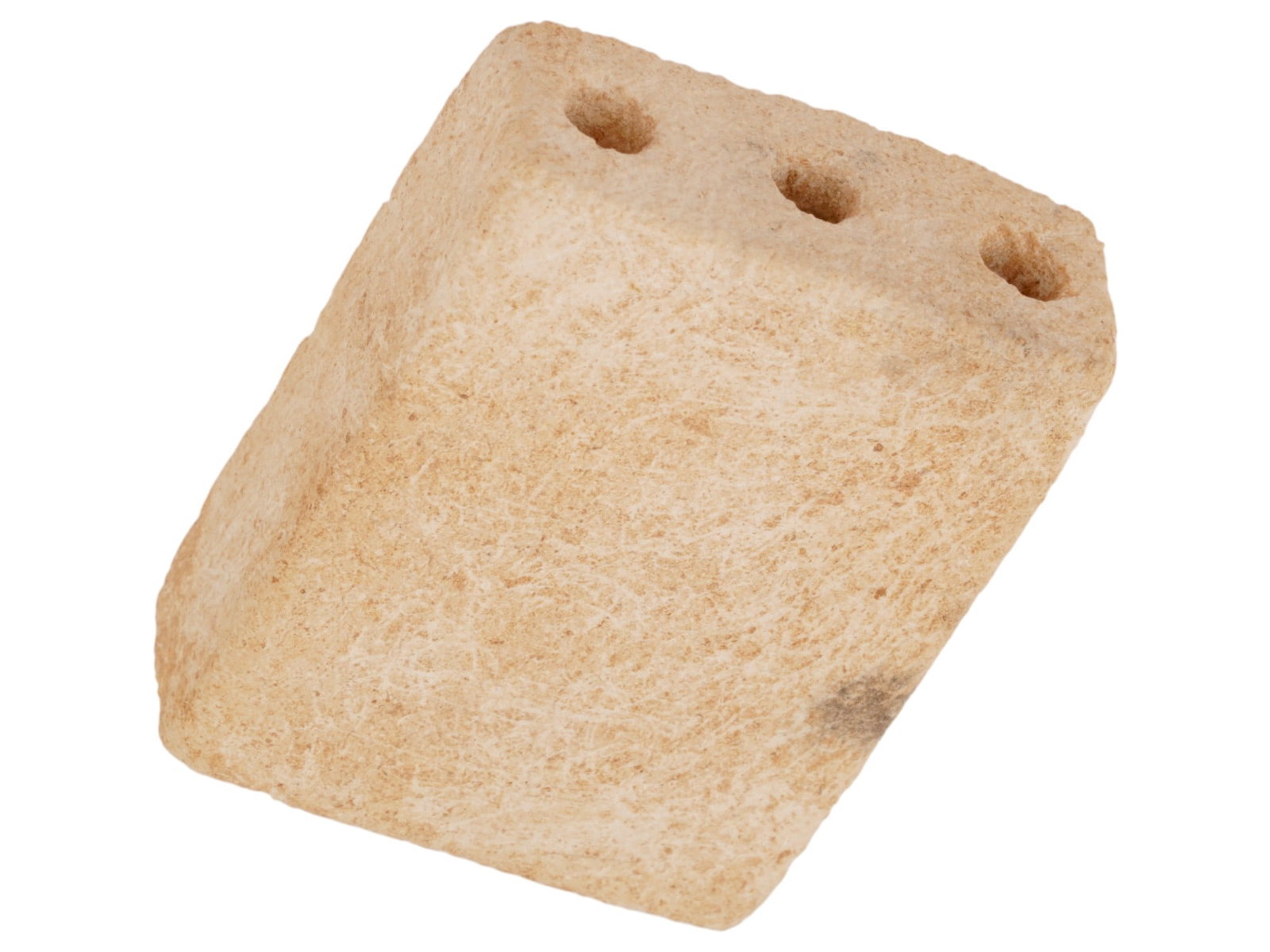 ANCIENT ROMAN CARVED STONE COSMETIC CONTAINER: An ancient Roman carved stone cosmetic container, dating to approximately 100 to 300 AD, featuring three pierced compartments. Such containers were used to hold cosmetics, pigments, or unguents, with