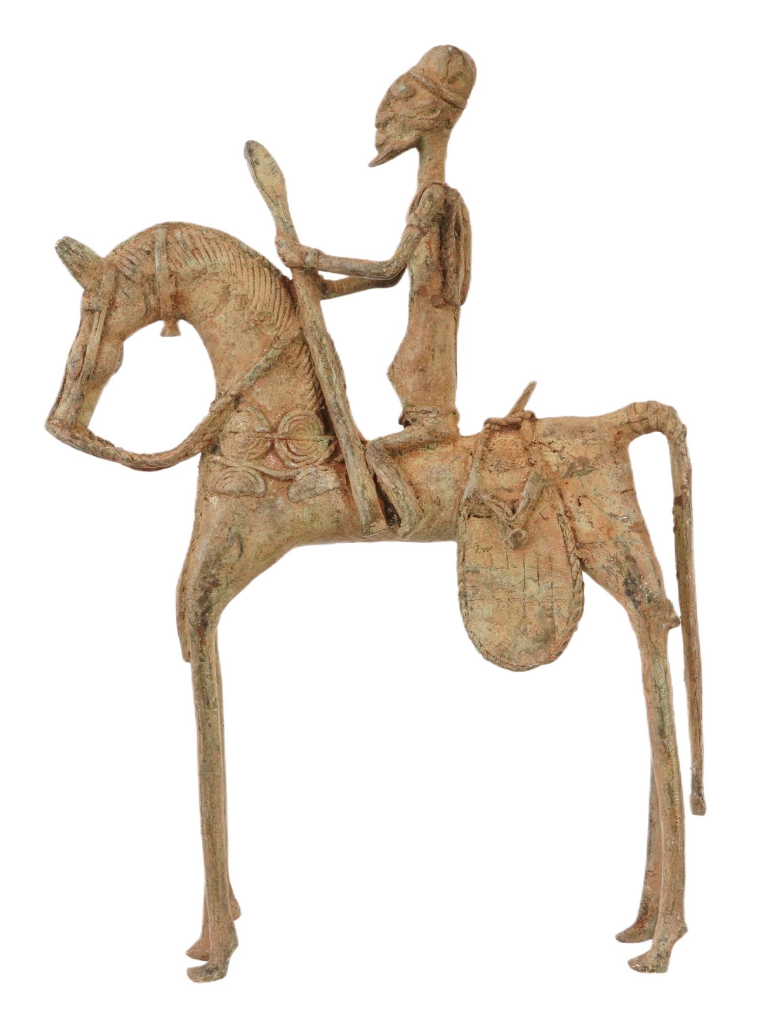 WEST AFRICAN DOGON TRIBE HORSE RIDER FIGURINE: A West African Dogon tribe stylized metal figurine depicts a bearded horse rider holding a spear. The horse and the rider are elongated in shape and have simplified forms. The rider sits upright, hold