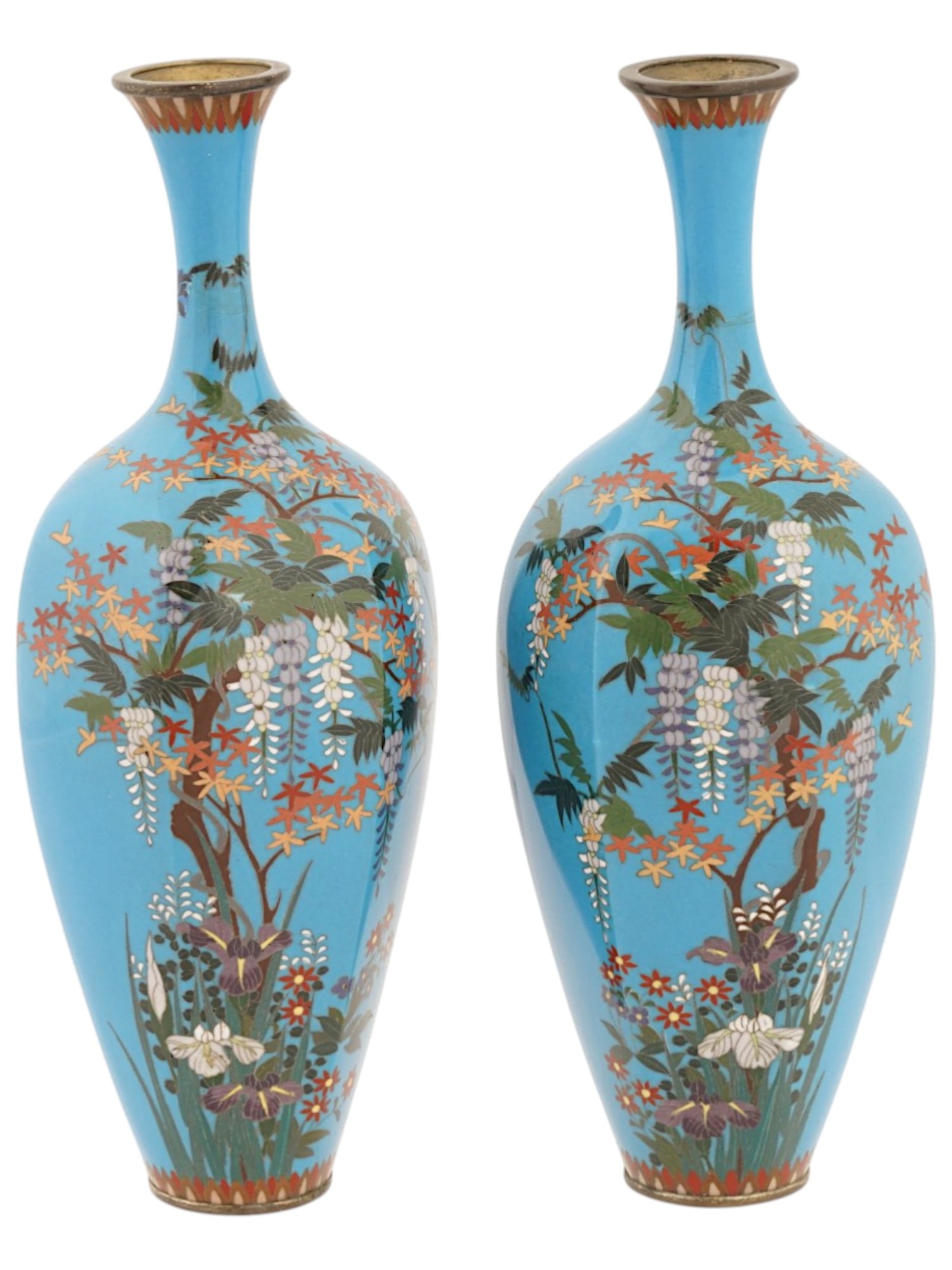 PAIR OF ANTIQUE JAPANESE CLOISONNE ENAMEL VASES: A pair of fine antique Japanese cloisonne enamel vases. Late Meiji period, before 1912. Elongated bottle shape. Decorated with wisterias, irises and other flower blossoms against the light blue backgr