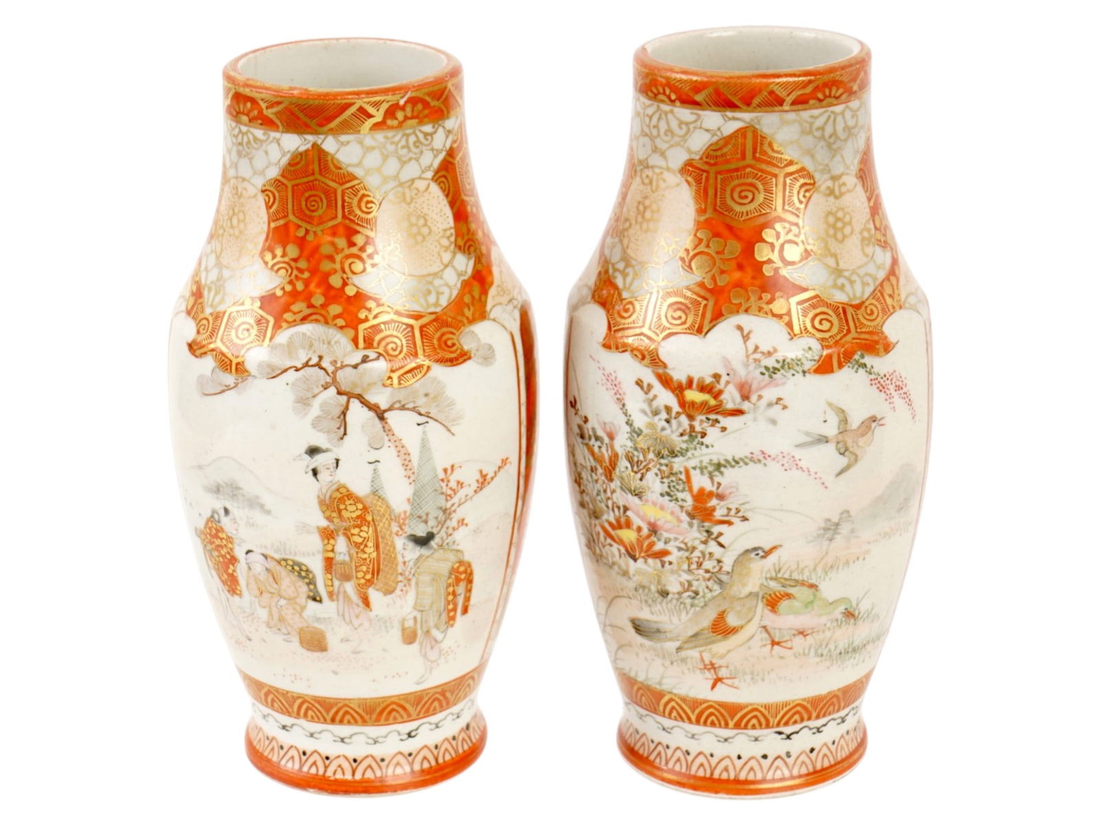 ANTIQUE JAPANESE MEIJI SATSUMA PORCELAIN VASES: A pair of antique Japanese Meiji Satsuma hand-painted porcelain vases, featuring ornate gilt designs and vibrant enamel decoration. Each vase displays two opposite panels depicting figures, framed by