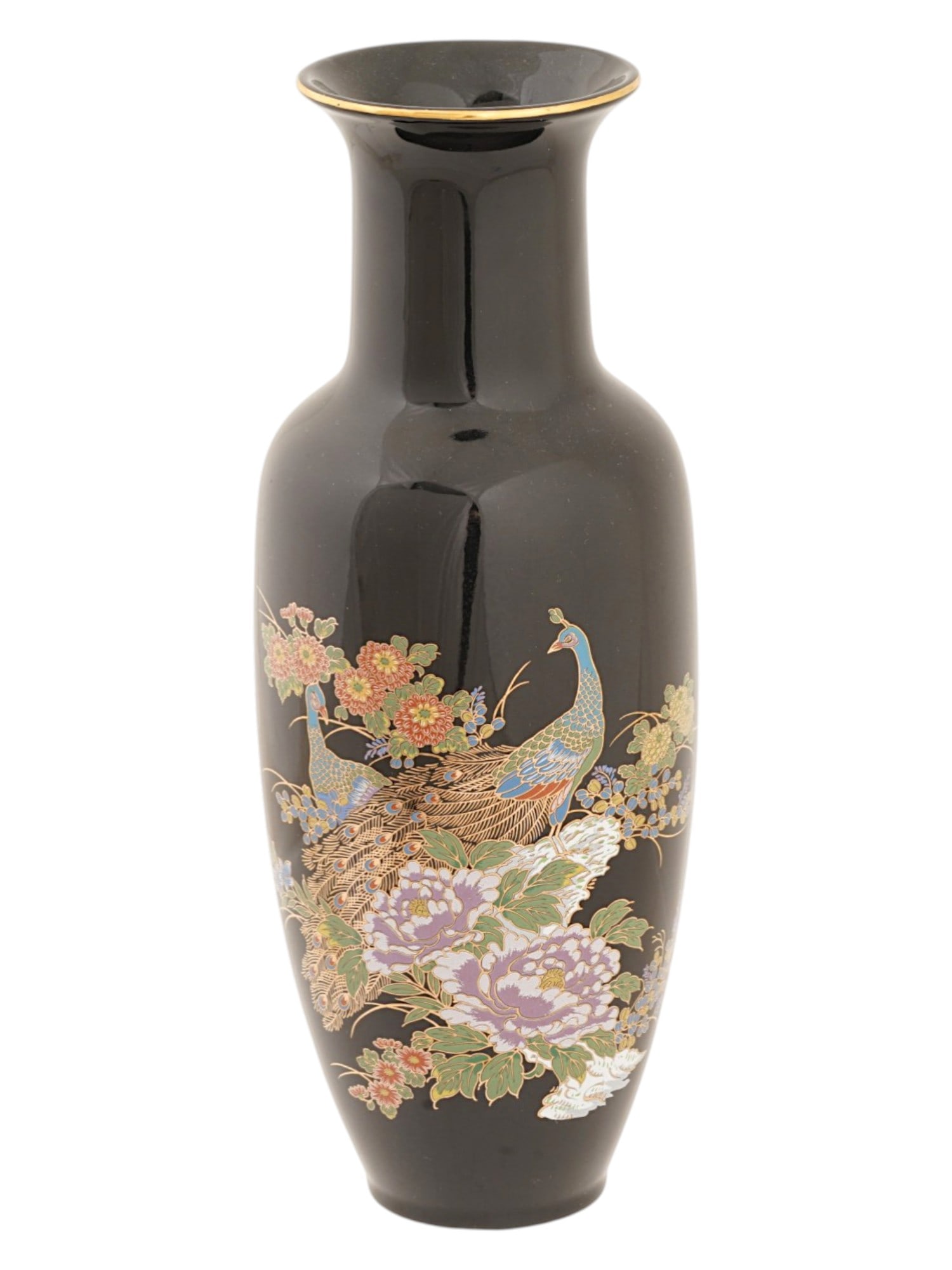VINTAGE JAPANESE CERAMIC VASE WITH PEACOCK MOTIFS: A vintage Japanese ceramic vase with peacock motifs. Circa the late 20th century. The black baluster vase with lush decoration, including floral and peacock motifs and gold trim. Marked on the bottom.