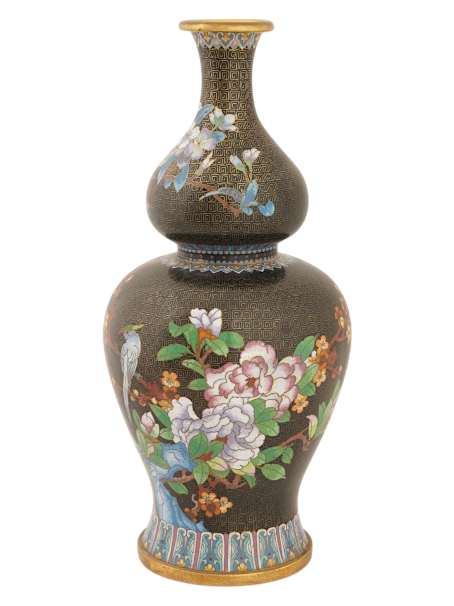 VINTAGE CHINESE CLOISONNE ENAMEL DOUBLE GOURD VASE: A vintage Chinese cloisonne double gourd vase, dating to the mid-to-late 20th century. Decorated with colored enamel in the traditional cloisonne technique. The auspicious double gourd, or hulu, symbo
