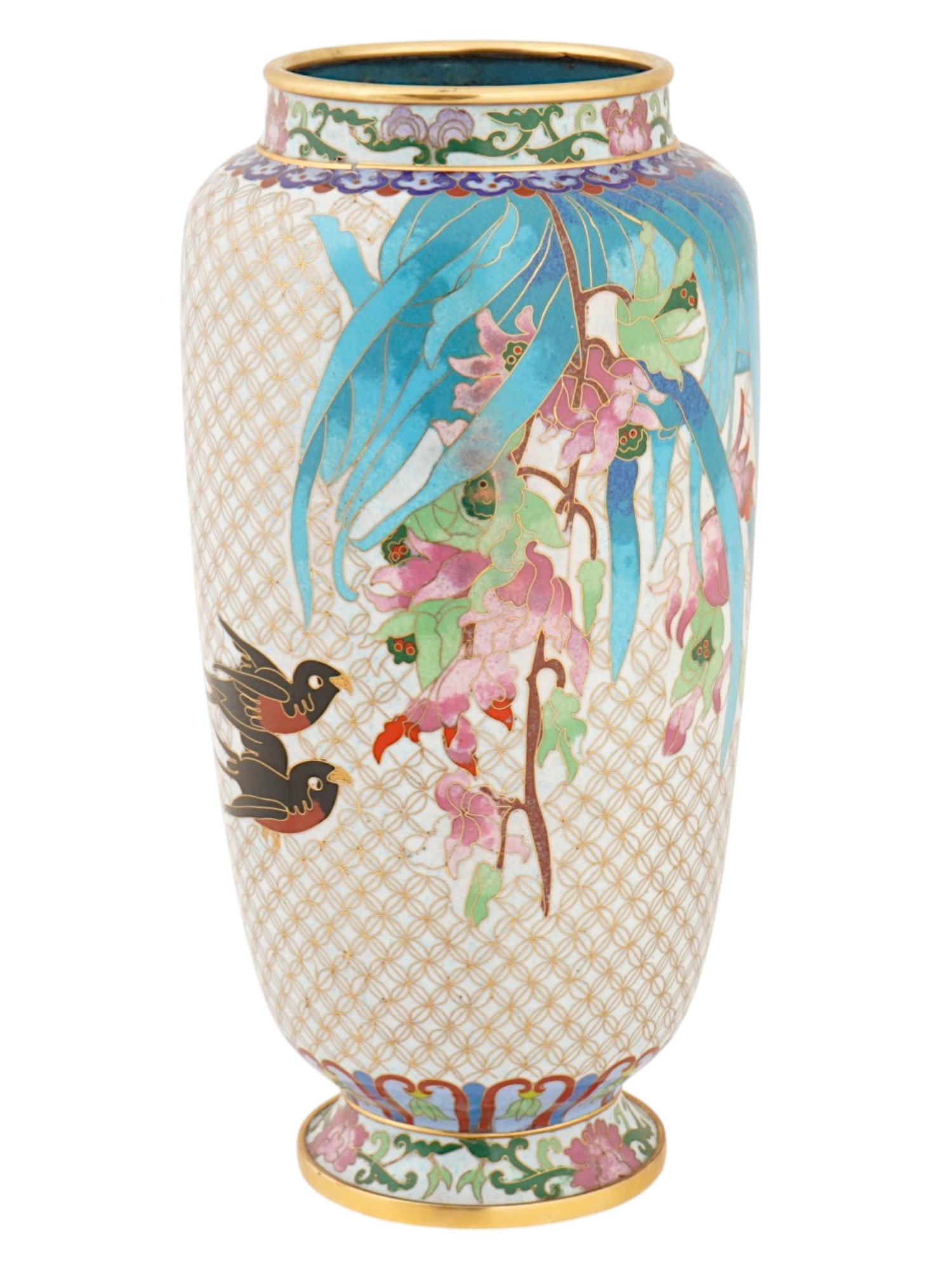CHINESE BIRDS POLYCHROME CLOISONNE ENAMEL VASE: A Chinese polychrome enamel vase. The vase has an urn shaped body with a wide neck and a fluted base. The exterior of the vase is adorned with a polychrome enamel design representing floral, foliage a