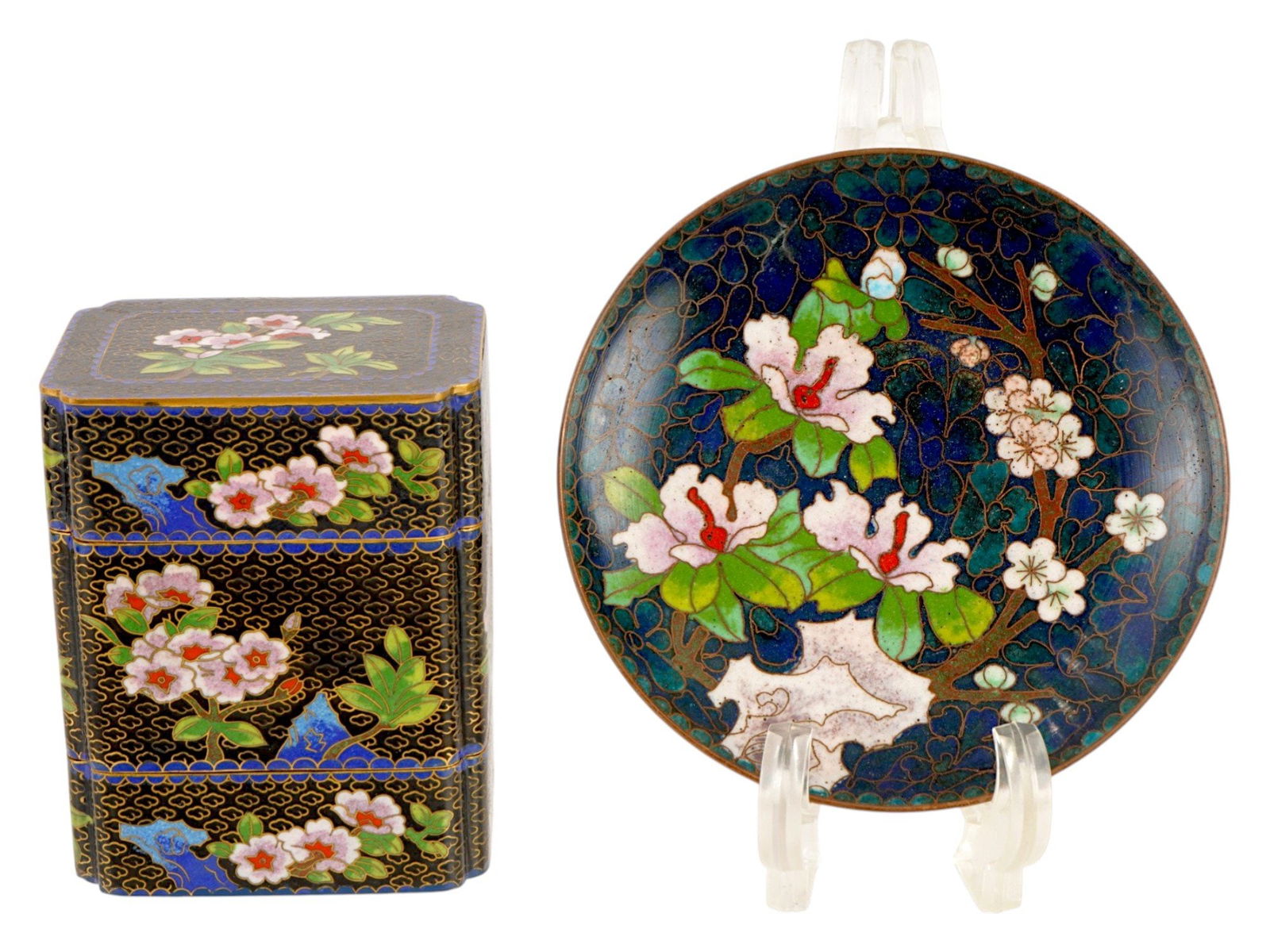 CHINESE CLOISONNE ENAMEL STACKING BOX SET AND PLATE: A Chinese cloisonne enamel royal blue stacking box set and a matching plate. The set includes stacked boxes of varying sizes, decorated with a traditional Chinese cloud pattern on a dark and royal blu