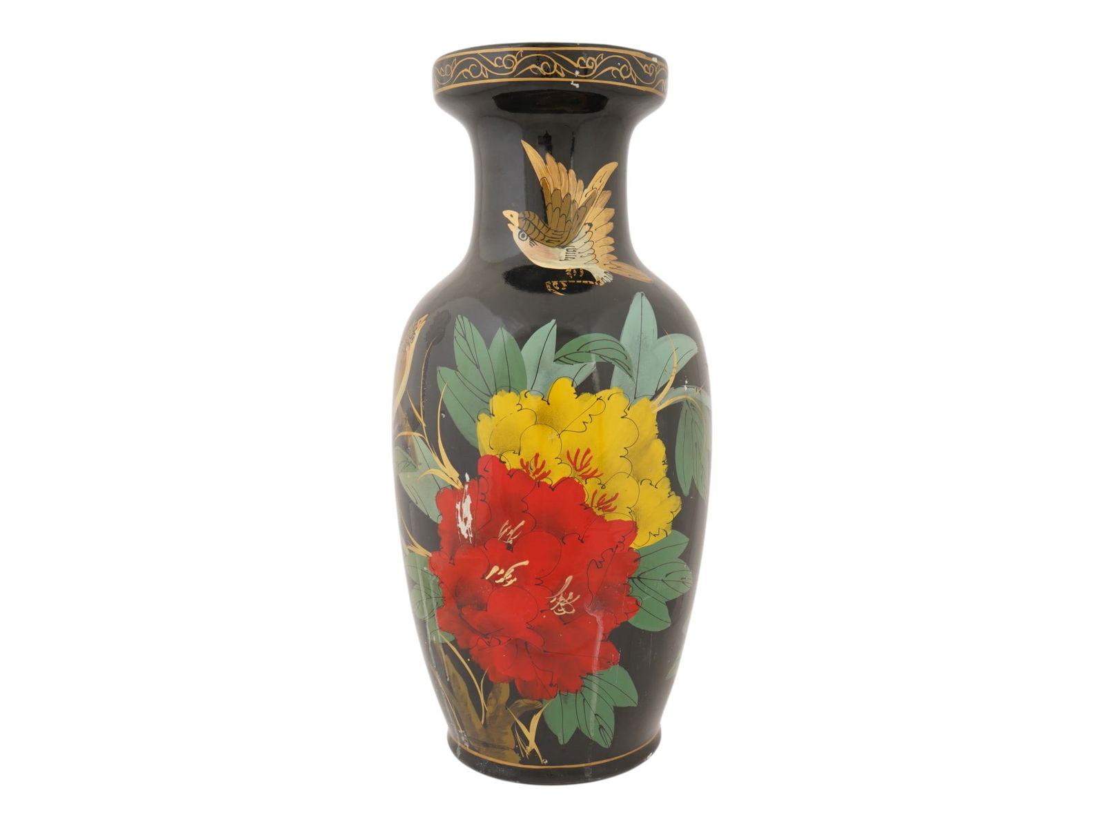 VINTAGE CHINESE PAINTED CERAMIC VASE WITH FLOWERS: A vintage Chinese painted ceramic vase. The traditional elongated vase with a slightly tapered neck that widens toward the top. The vase is painted with colorful flowers on a black background. A Made