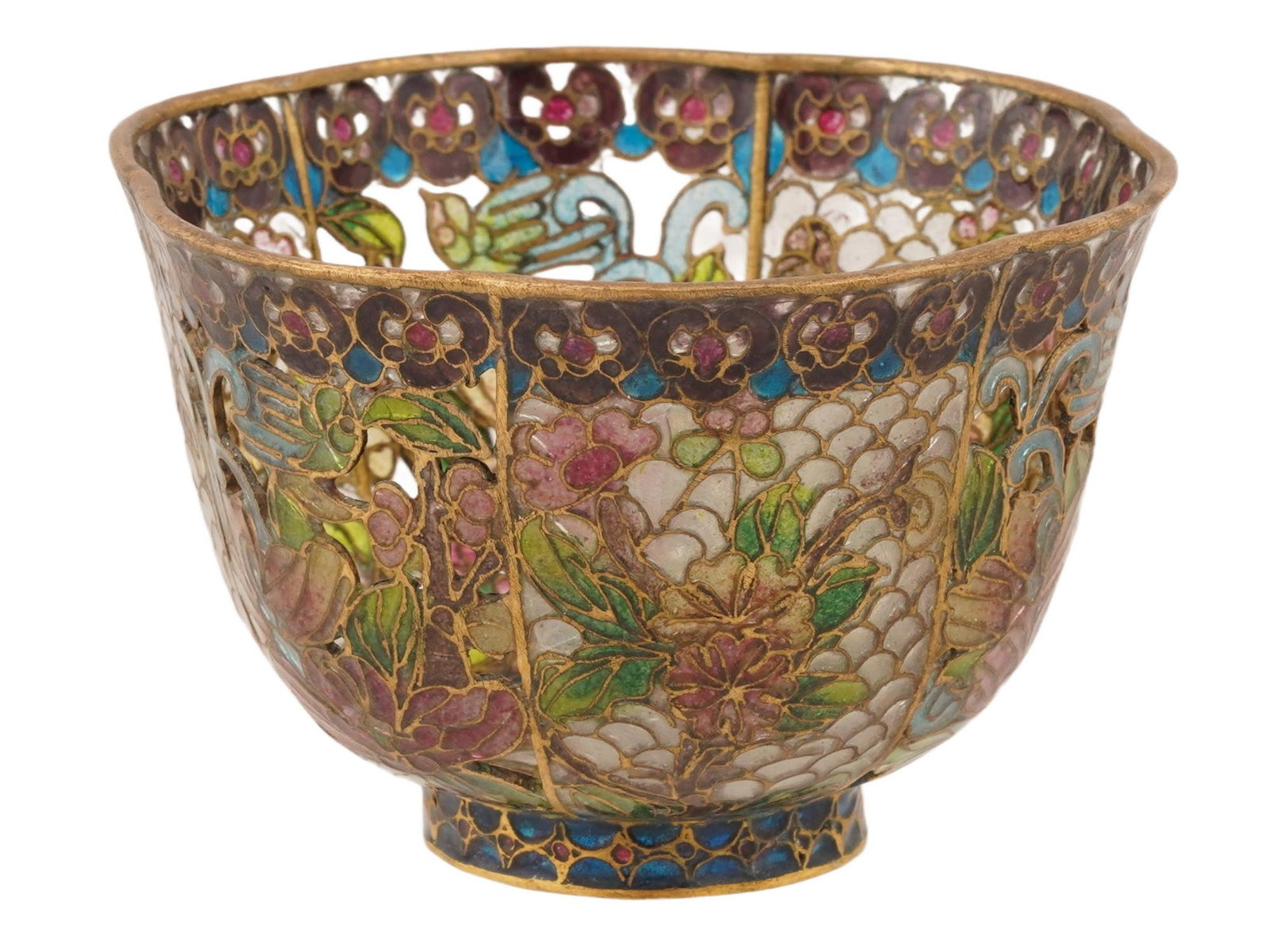 SMALL ANTIQUE CHINESE PLIQUE A JOUR ENAMEL VASE: A small antique Chinese plique-a-jour enamel vase, dating from the late 19th to early 20th century, executed in the delicate openwork enameling technique known for its translucent stained-glass effect