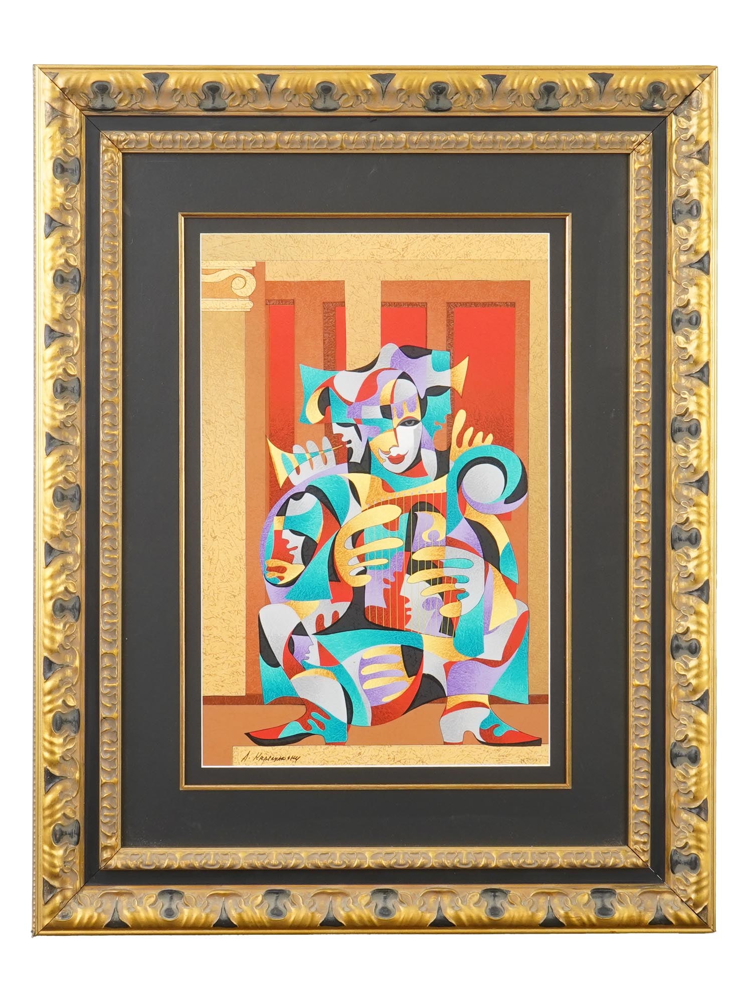 ANATOLE KRASNYANSKY UKRAINIAN ARTIST PROOF SERIGRAPH: Anatole Krasnyansky, Ukrainian, Russian, American, born 1930, serigraph on paper, Gold and Red with Harp. Signed lower left. Framed. Labeled on the back side, inscribed Krasnyansky Anatole Gold and Re