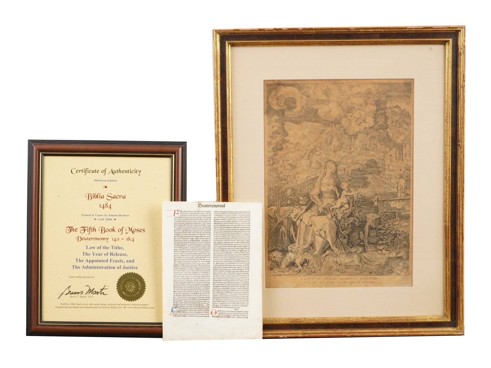 ANTIQUE MADONNA OF ANIMALS ENGRAVING DEUTERONOMY PAGE: A lot of antique items, an engraving on paper and a page of Deuteronomy 14:1 18:4, including the laws on tithes and feasts. The engraving is Madonna of the Animals created by Aegidius Sadeler, 1570 to