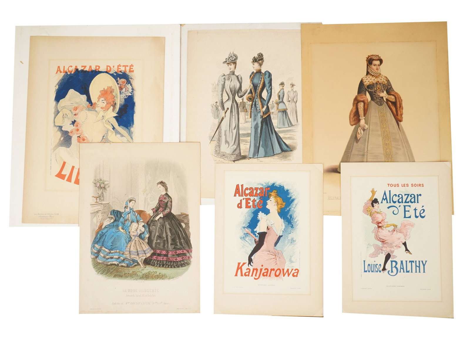 ANTIQUE FRENCH ADVERTISEMENT ENGRAVINGS AND LITHOGRAPHS: A collection of six antique French advertisement engravings and lithographs from the Belle Epoque period, circa 1880 to 1900, including hand-colored examples. The group features fashion plates from pu