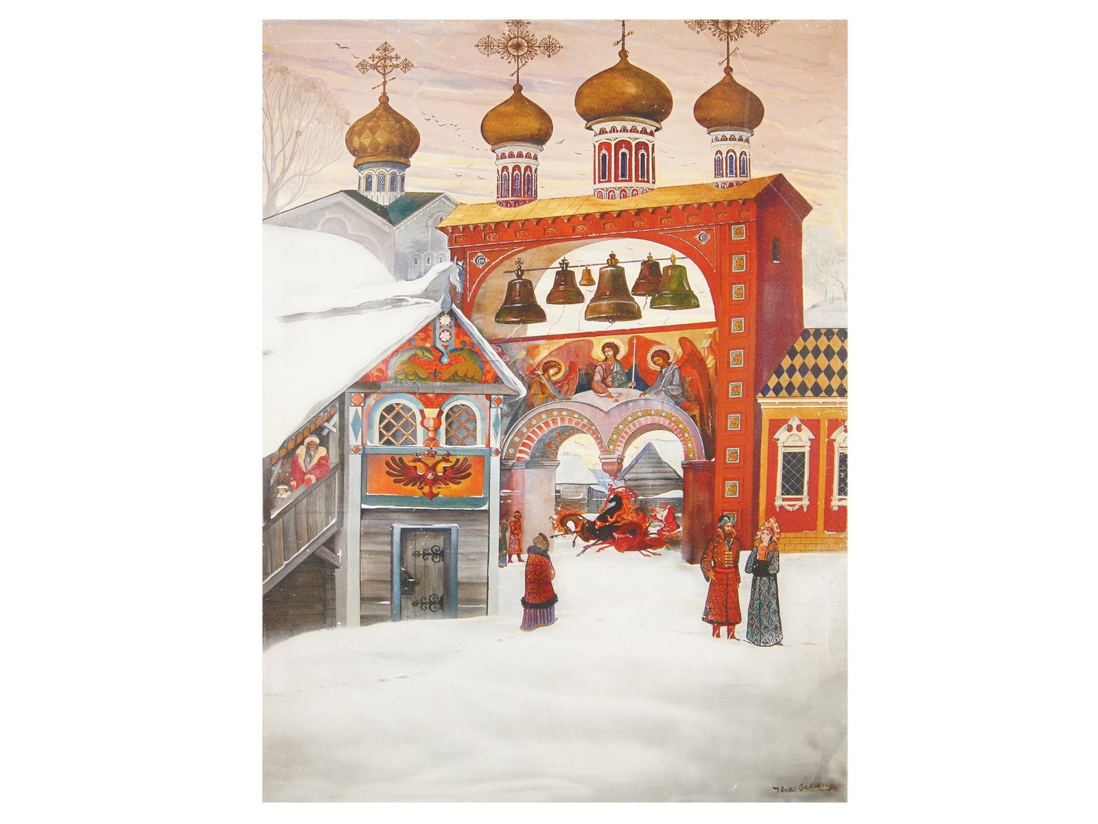 VINTAGE RUSSIAN ART PRINT ATTR TO ILYA GLAZUNOV: A vintage Russian art print on canvas attributed to Ilya Sergeevich Glazunov. The high-quality print, depicting a traditional architectural complex featuring golden onion domes and an ornate gatehouse