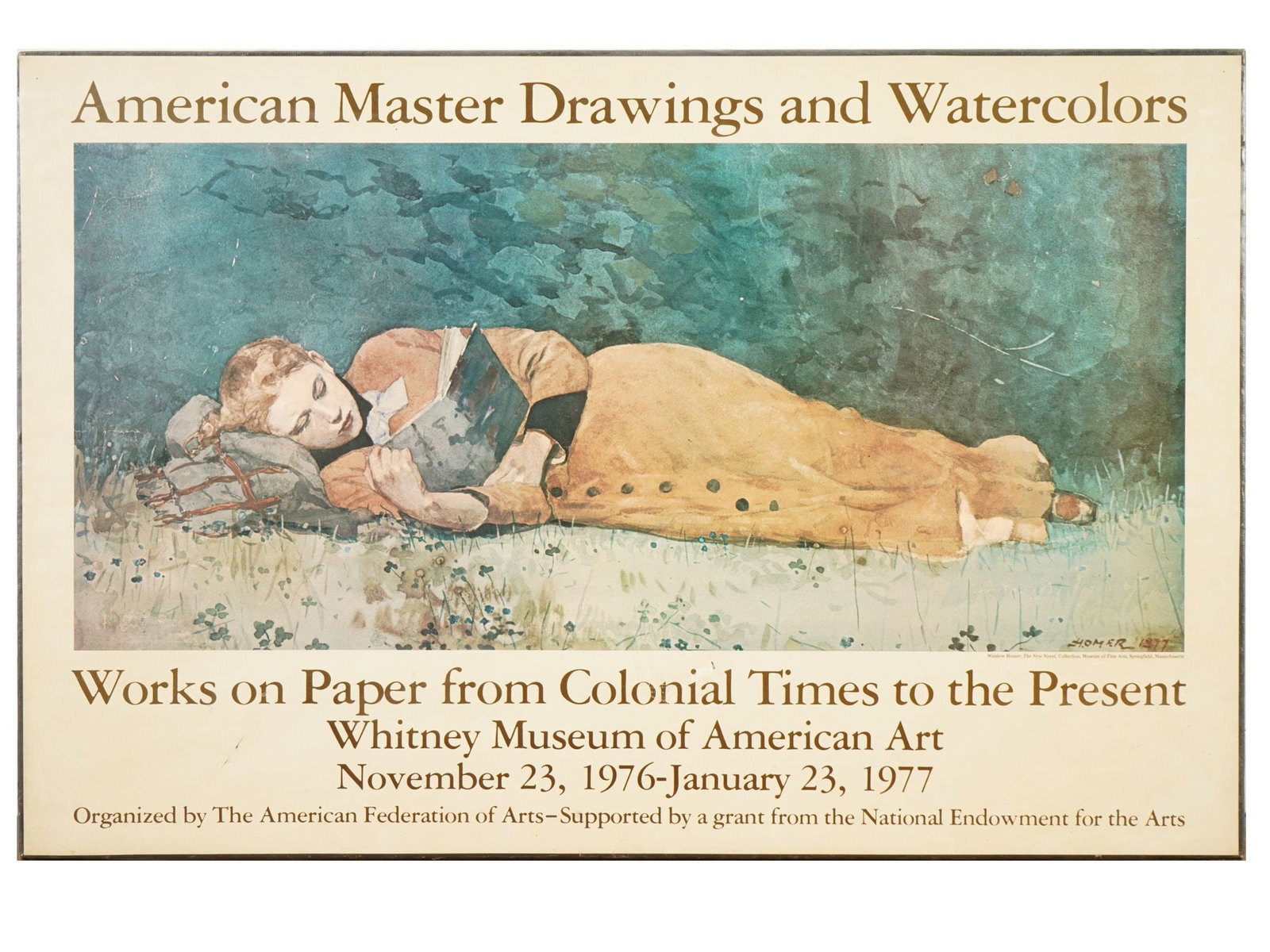 VTG POSTER 1976 EXHIBITION WHITNEY MUSEUM AMERICAN ART: A vintage offset poster produced for the 1976 exhibition at the Whitney Museum of American Art, titled American Master Drawings and Watercolors, A History of Works on Paper from Colonial Times to the