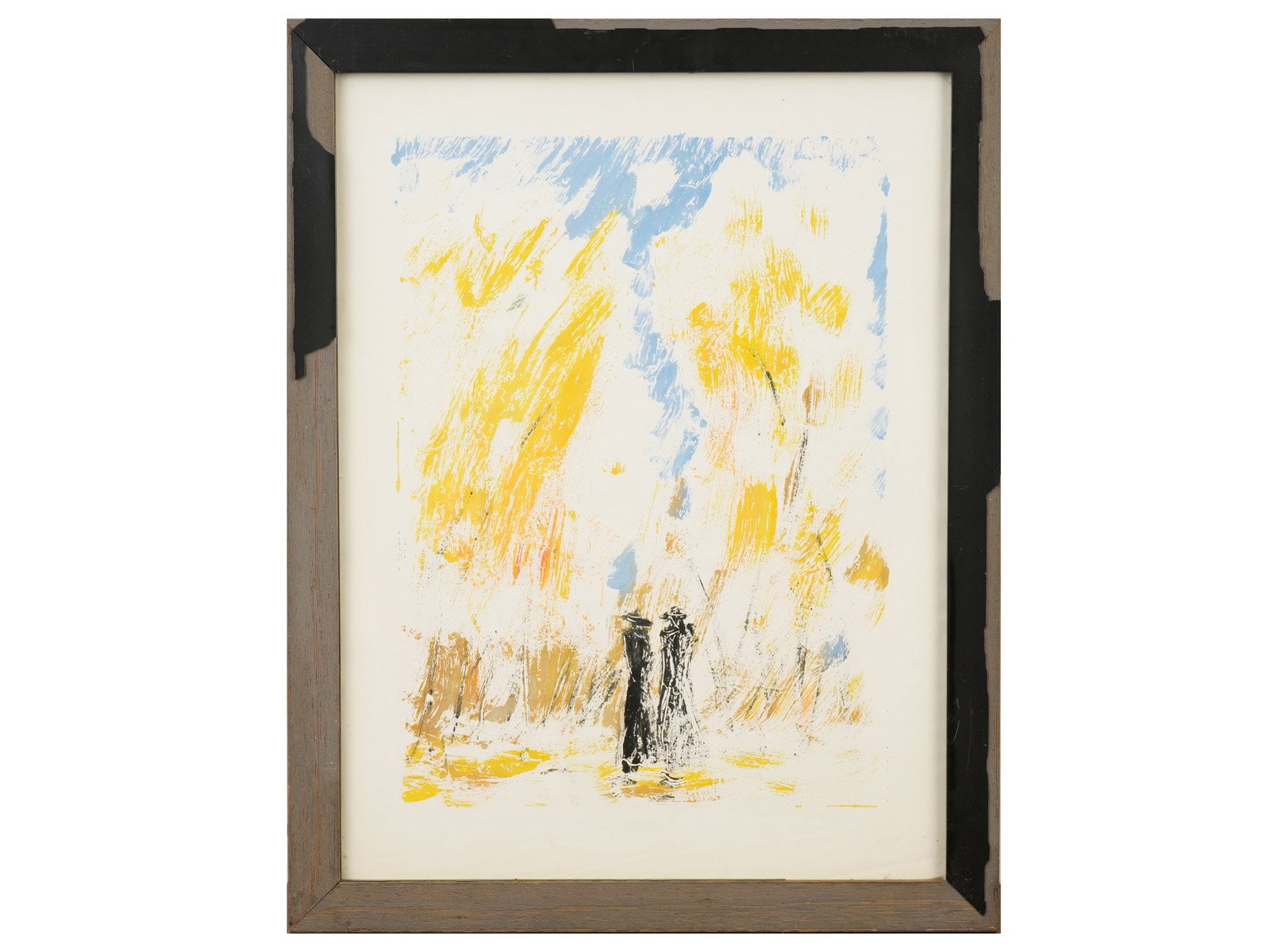 VINTAGE MIXED MEDIA ON PAPER PAINTING: A vintage mixed media on paper painting. The painting depicts two attenuated figures rendered in dark color against a vibrant, abstract background of yellow and blue washes. The composition utilizes a