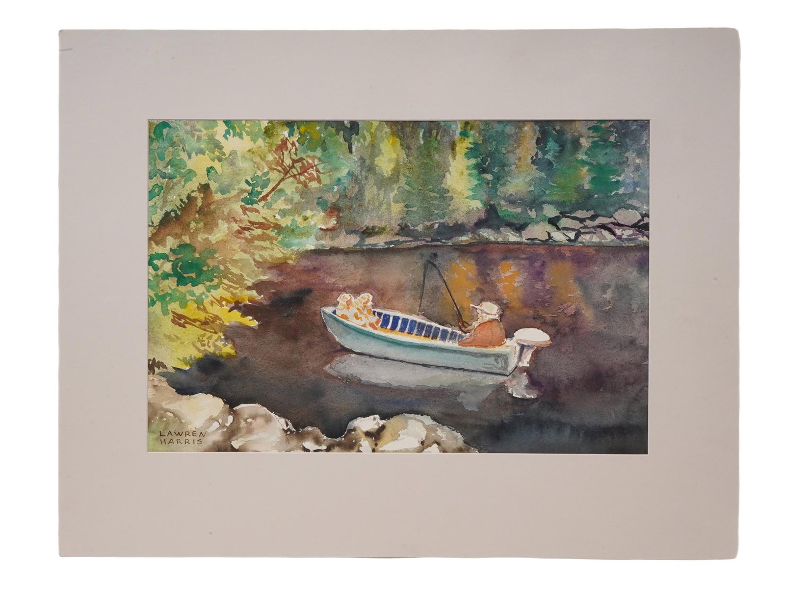 MID CENTURY WATERCOLOR PAINTING FIGURE IN A SMALL BOAT: A mid-century watercolor painting depicting a figure in a small boat, signed lower left. Vintage Paintings And Art Collectibles. THIS LOT IS ELIGIBLE FOR A 30-DAY UNCONDITIONAL RETURN FROM THE