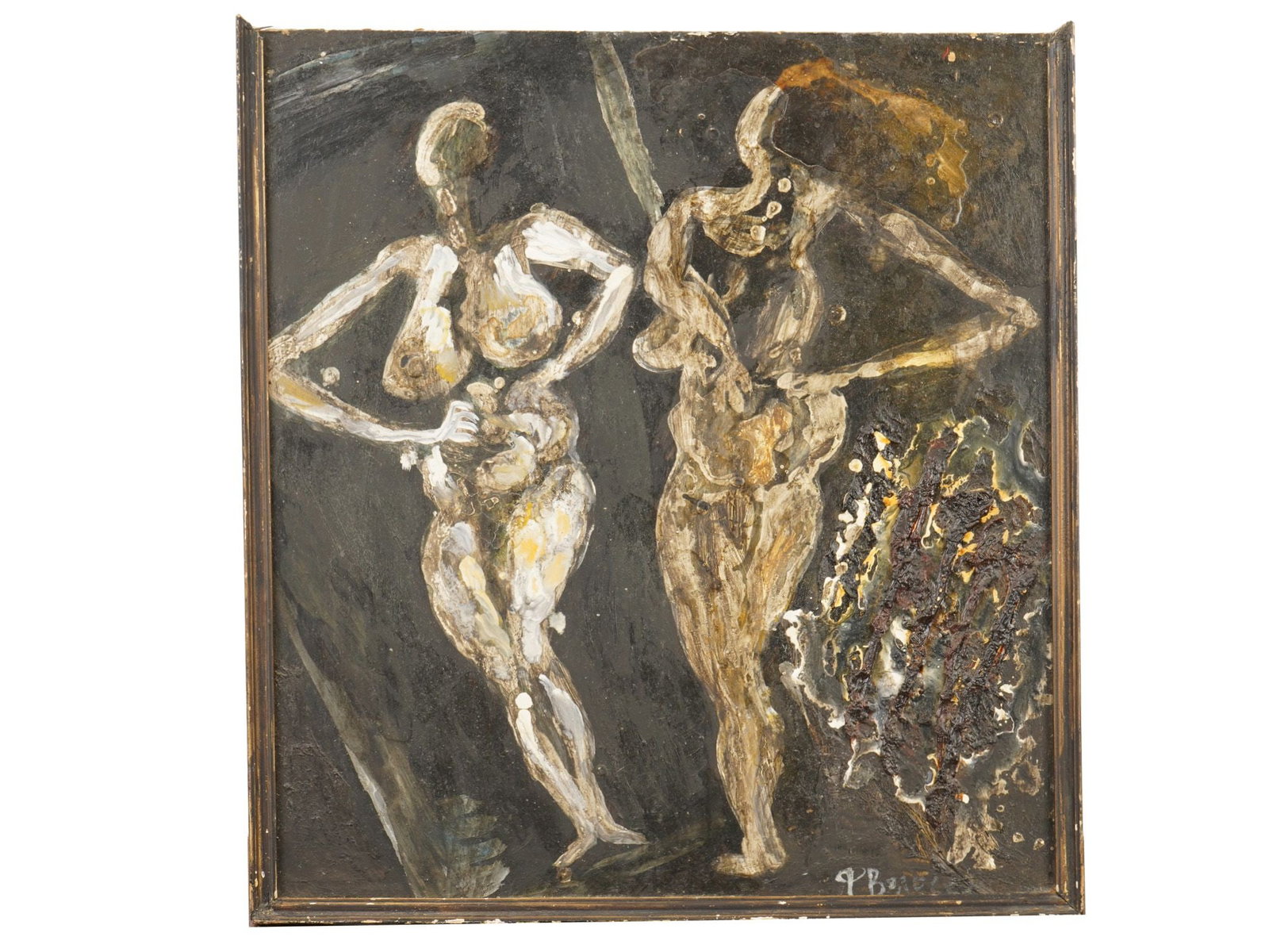 RUSSIAN PAINTING BY FELIX VOLOSENKOV GRIM 3 1980: An oil painting on board by Felix Volosenkov titled Grim 3, 1980. The composition depicts two nude figures rendered in an abstract manner. Signed lower right and inscribed on verso. Felix Volosenkov,