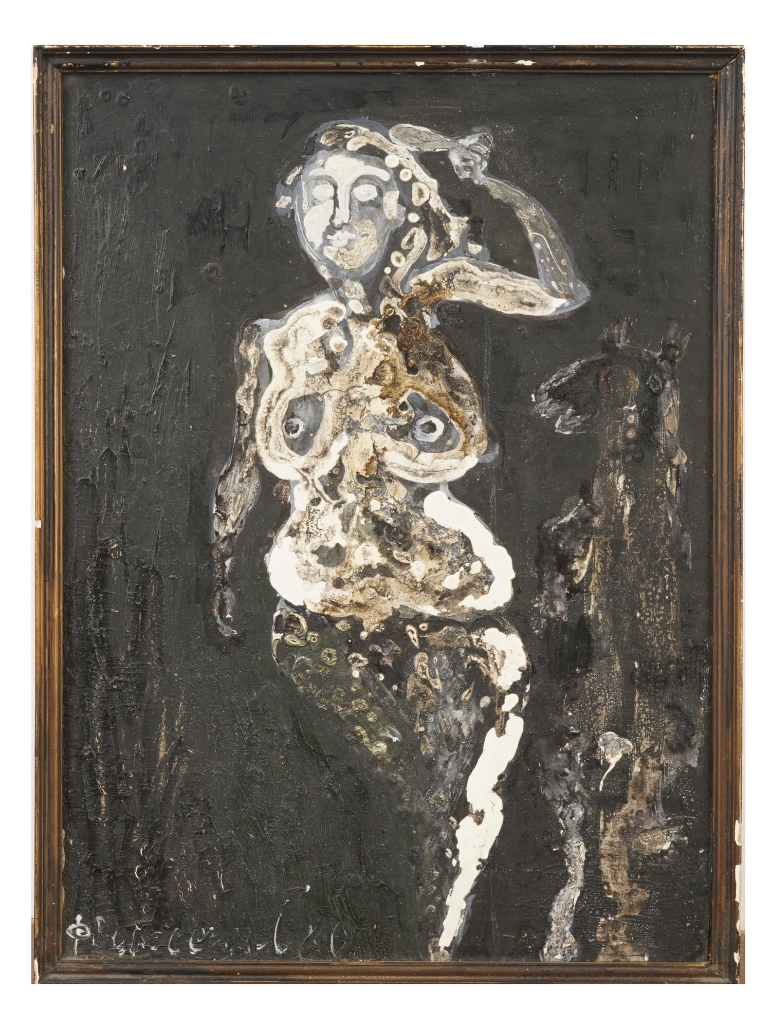 SIGNED F VOLOSENKOV RUSSIAN SOVIET OIL PAINTING 1980: A vintage Russian Soviet oil on board painting. Signed F. Volosenkov lower left and on the back side. Dated 1980. The painting depicts a stylized, abstracted female nude set against a dark, textured b