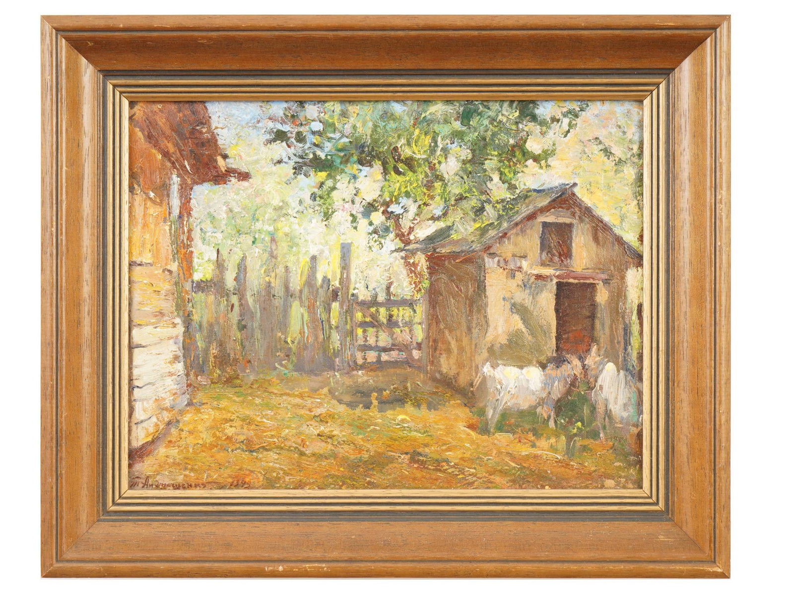 MID CENTURY RUSSIAN LANDSCAPE PAINTING BY ANDRUSHENKO: A mid-century Russian oil landscape painting on board titled Goat House by T. Andrushenko. The composition depicts a rustic farmstead with wooden outbuildings, a weathered fence, and grazing livestock