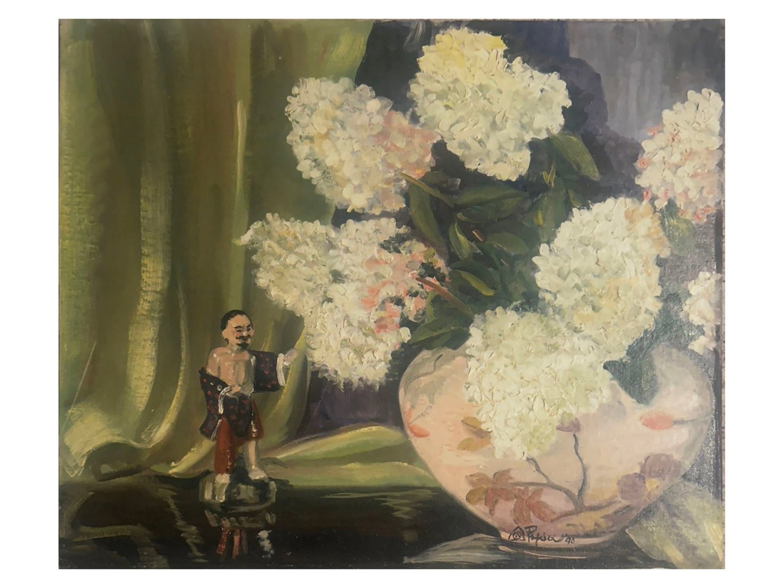 ATTR NICHOLAS ROERICH RUSSIAN STILL LIFE OIL PAINTING: Attributed to Nikolai Konstantinovich Rerikh, better known as Nicholas Roerich, Russian, 1874 to 1947, an oil painting on masonite board depicting a still life with flowers and a Chinese figurine. Sig