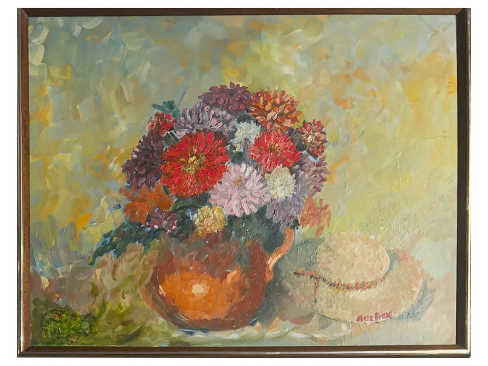 UKRAINIAN STILL LIFE OIL PAINTING SIGNED DAVID BURLIUK: A still life oil painting on canvas depicting a bouquet with ladys hat. Signed, Burliuk, lower right. Circa 1950 to 1960s. Bears a paper label on the back side from YAMATOYA Fine Art Gallery, Japan. F