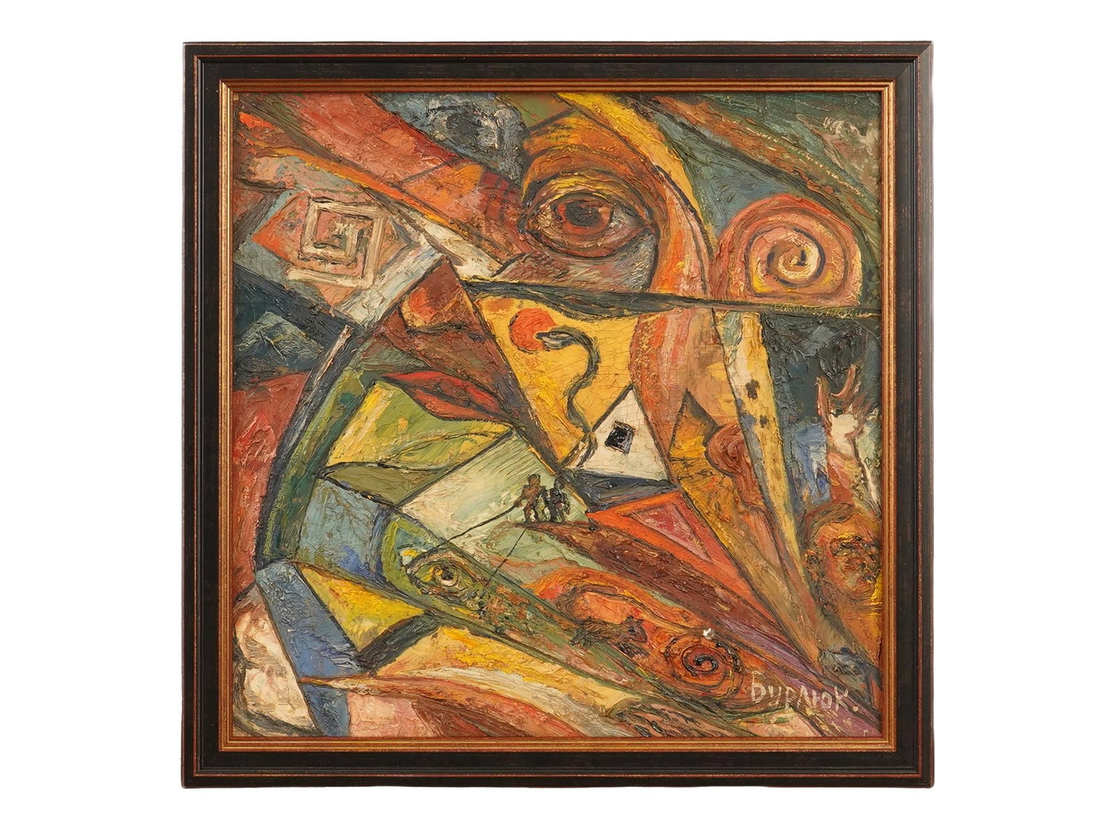 RUSSIAN ABSTRACT PAINTING SIGNED DAVID BURLIUK: An oil painting on board depicting an abstract composition. Signed in the lower right by avant-garde artist David Burliuk, Russian, 1882 to 1967, and dated to the 1960s. Framed. Russian Paintings And