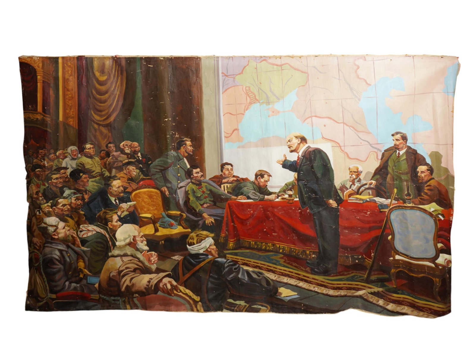 LARGE OIL PAINTING LENIN PLAN GOELRO AFTER SHMATKO: A large oil on canvas painting depicting a historical scene related to the Second Congress of the RSDLP. After Shmatko Leonid Alexandrovich 1917 to 1981, a Soviet Ukrainian painter, an artist of monum