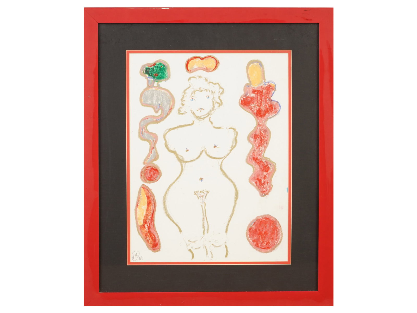 CONTEMPORARY MIXED MEDIA PAINTING NUDE COMPOSITION: A contemporary mixed media on paper nude composition, signed NM and dated 2004 lower left. The work depicts a stylized figure rendered in an expressive manner, combining drawing and painterly elements