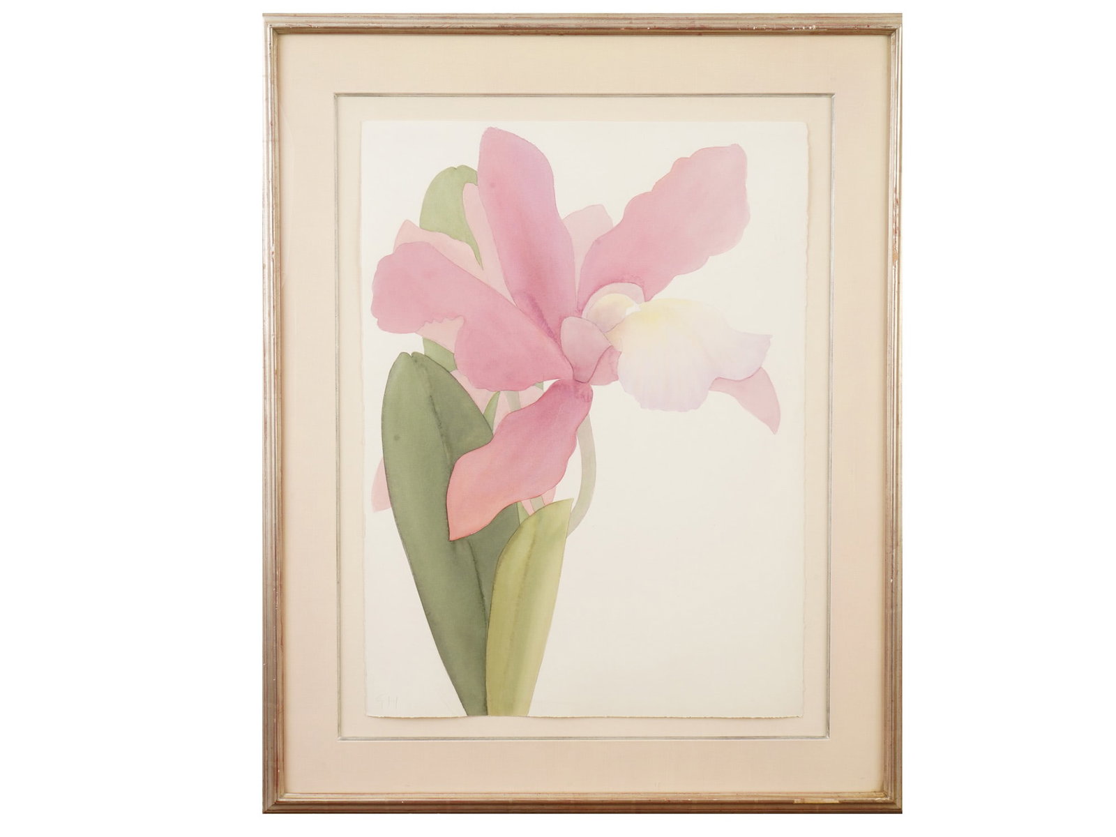 CONTEMPORARY FLORAL WATERCOLOR PAINTING SIGNED: A Contemporary watercolor painting on paper depicting a floral still life. Signed by the artist with initials, GH, lower left. A blind stamp, Winsor and Newton, lower right. Framed. Modernist and Cont