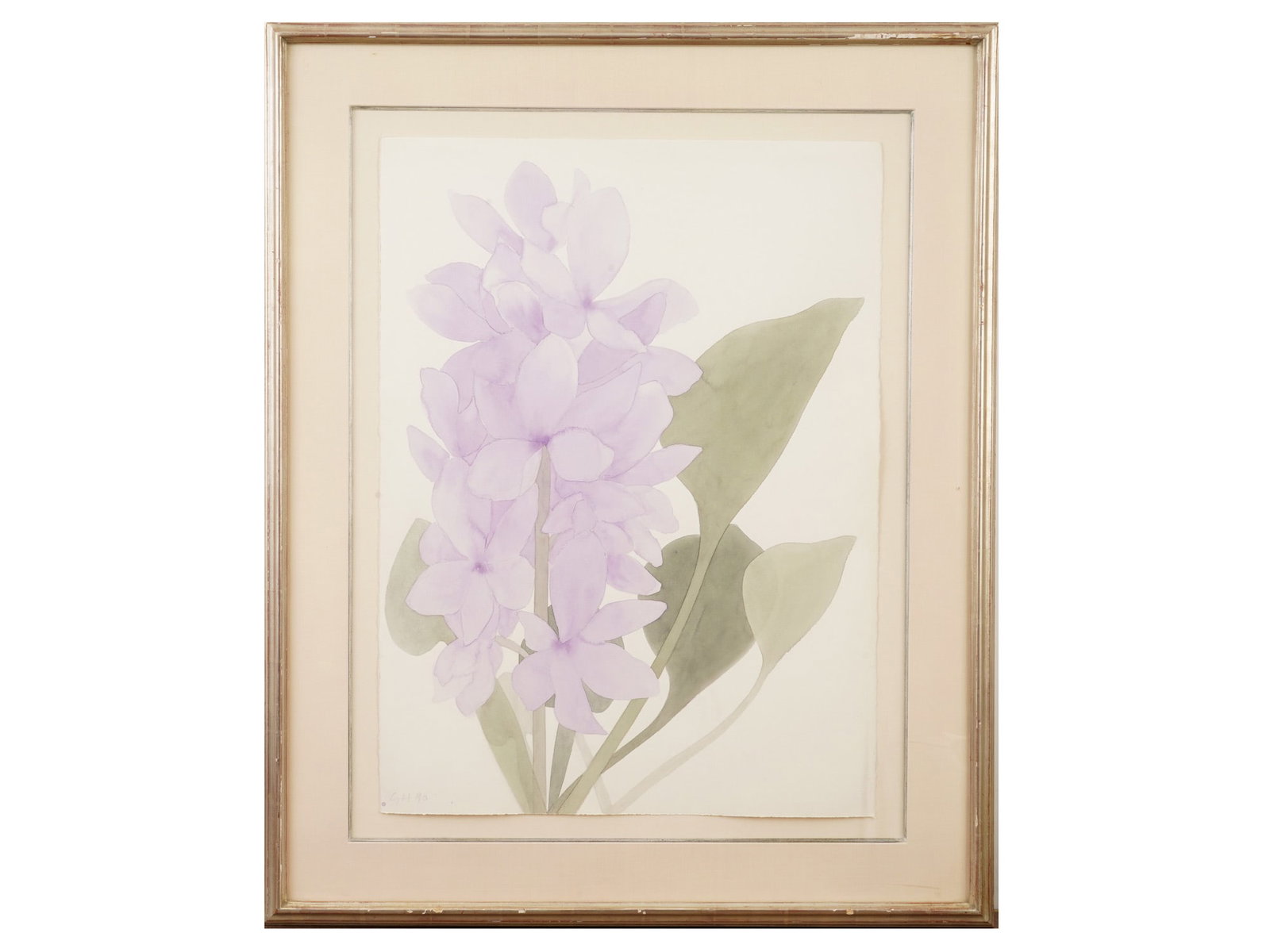 CONTEMPORARY FLORAL WATERCOLOR PAINTING SIGNED: A Contemporary watercolor painting on paper depicting a floral still life. Signed by the artist with initials, GH and probably dated 90, lower left. Framed. Modernist and Contemporary Fine Art, Still