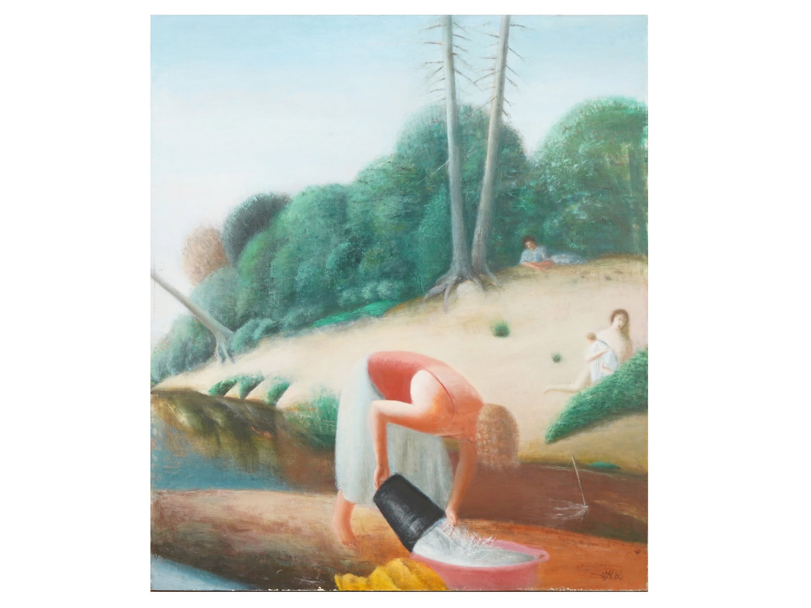 LATVIAN BATHING SCENE OIL PAINTING BY VIJA MALDUPE: Vija Maldupe, Latvian, 1947 to 1996, an oil painting on canvas, Women, 1986. Signed with monogram and dated 86, lower right. Additionally inscribed, titled, and dated, on the backside. A paper label o