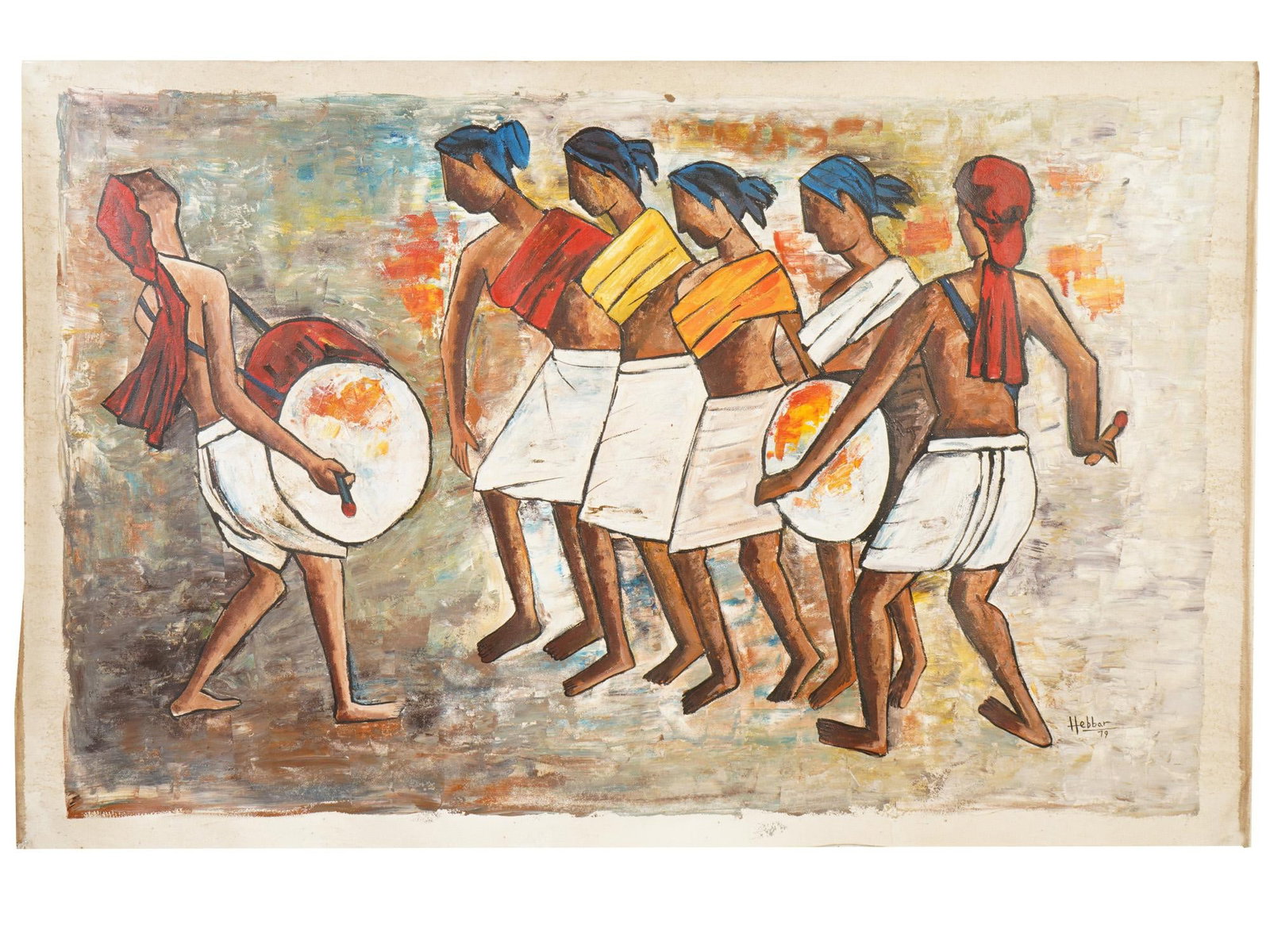INDIAN ACRYLIC PAINTING SIGNED KATTINGERI KR HEBBAR: An acrylic painting on canvas depicting a genre scene with a group of people in traditional clothes dhotis dancing to the sound of drums. Signed, Hebbar, and dated, 79, lower right. Kattingeri Krishna