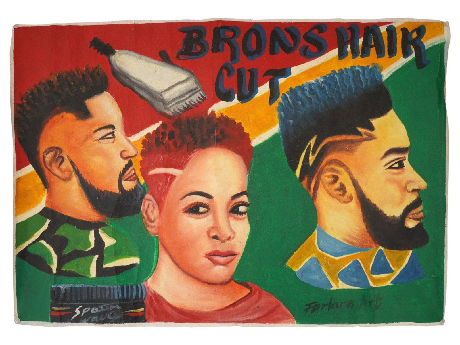 GHANAIAN HAND PAINTED BARBERSHOP SIGN BY FARKIRA: A Ghanaian hand-painted barbershop sign by Farkira, signed Farkira Art, created as functional folk art to advertise hairstyles for local barbershops. Originating in Ghana, West Africa, these signs wer