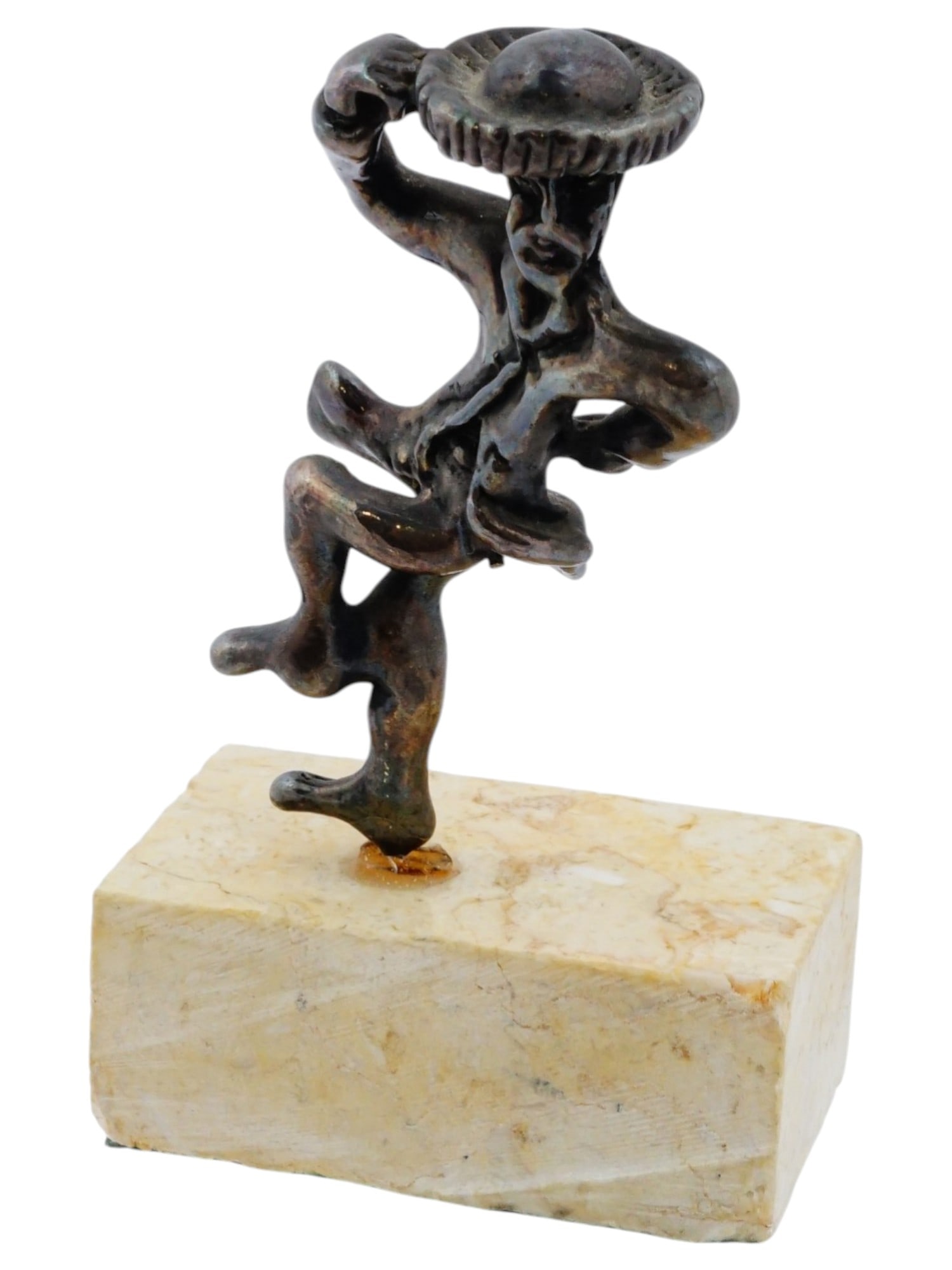 VINTAGE RINA SILVER JERUSALEM FIGURINE DANCING JEWISH: A vintage Rina Silver Jerusalem figurine made of silver depicting a dancing Jewish man. It is mounted on a small marble or stone base. Bears a paper label inscribed Rina Silver Jerusalem. Fine Silver