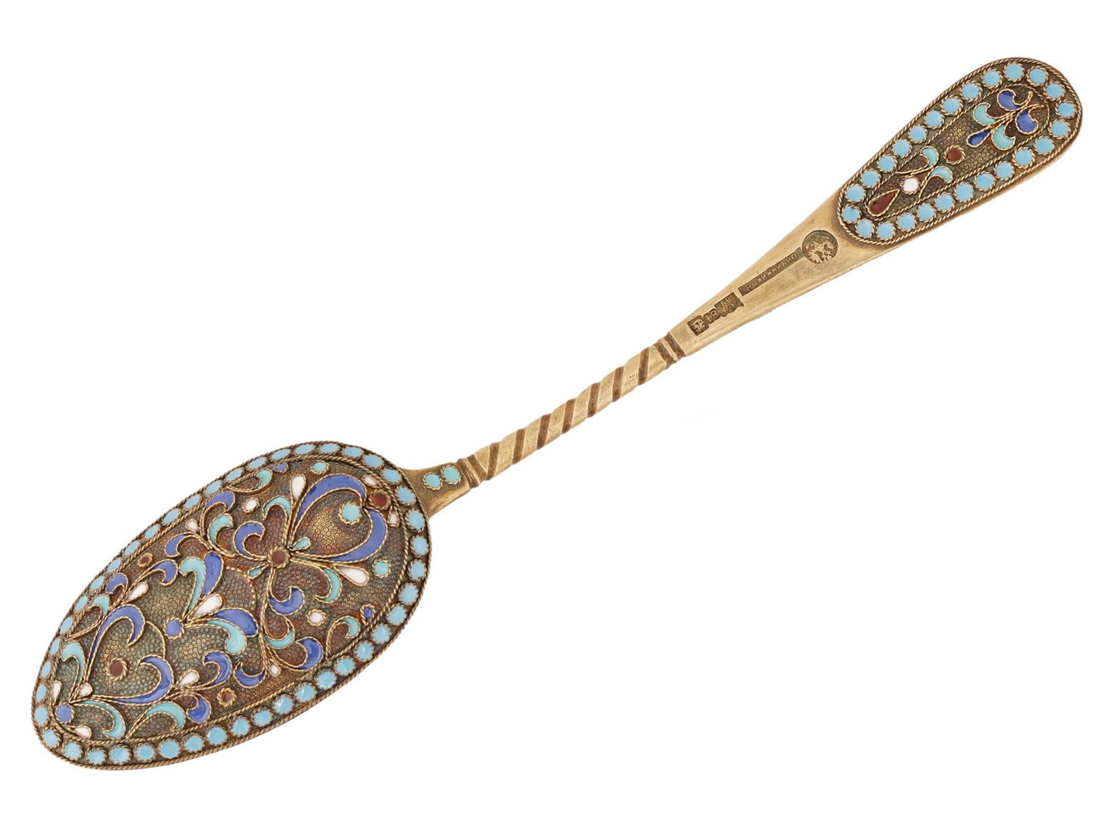 RUSSIAN 84 GILT SILVER CLOISONNE ENAMEL TEA SPOON: A Russian 84 gilt silver and enamel tea spoon. The spoon has a twisted stem, decorated to the bowl and the handle with multicolored enamel patterns manufactured in the cloisonne technique. Hallmarked