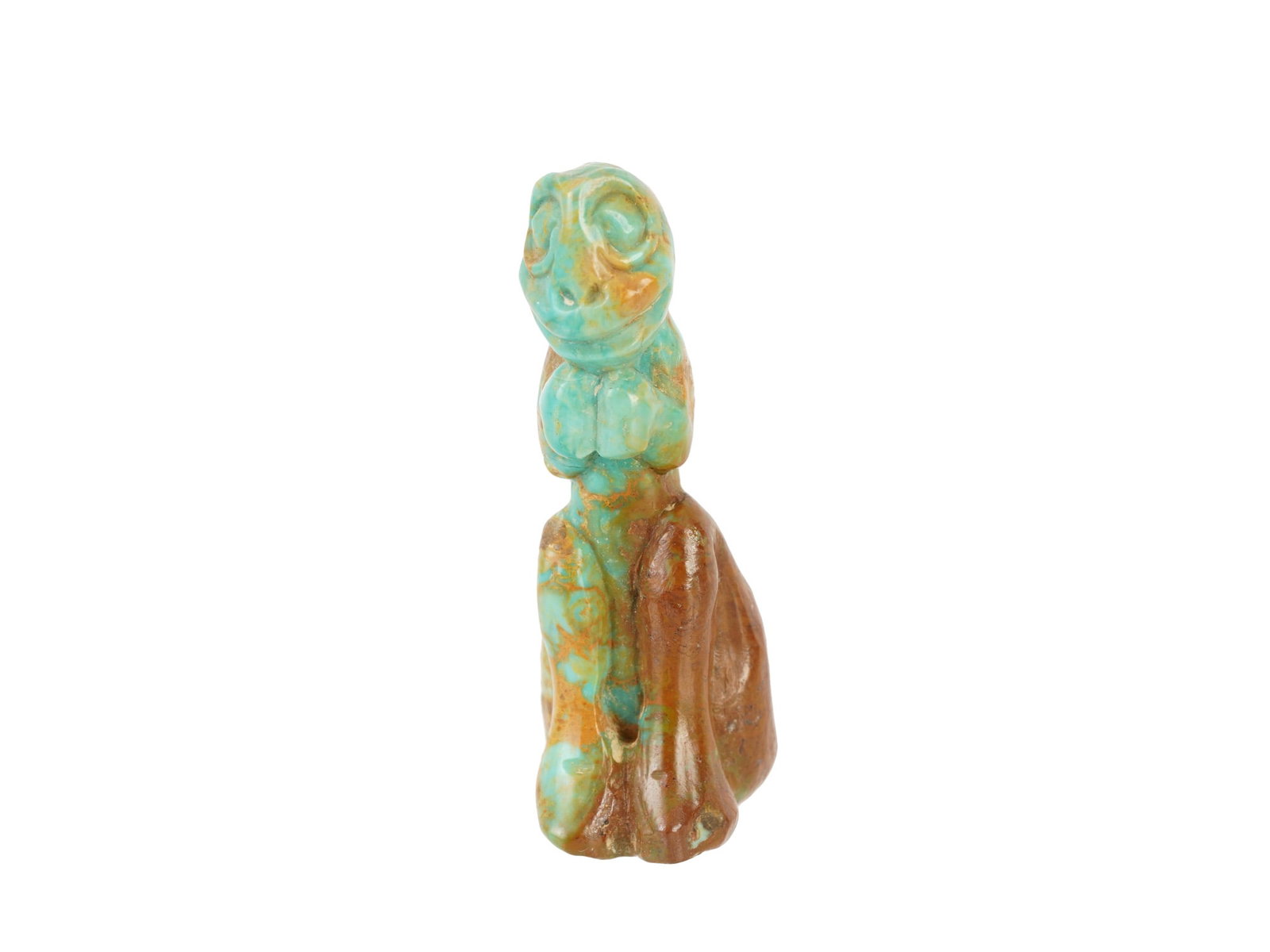 HAND CARVED TURQUOISE STONE MANTIS FIGURINE: A hand carved turquoise stone insect, presumably mantis figurine. The detailed, stylized insect carved into a seated praying position. Rendered in shades of turquoise and brown. Antique and Vintage Ca