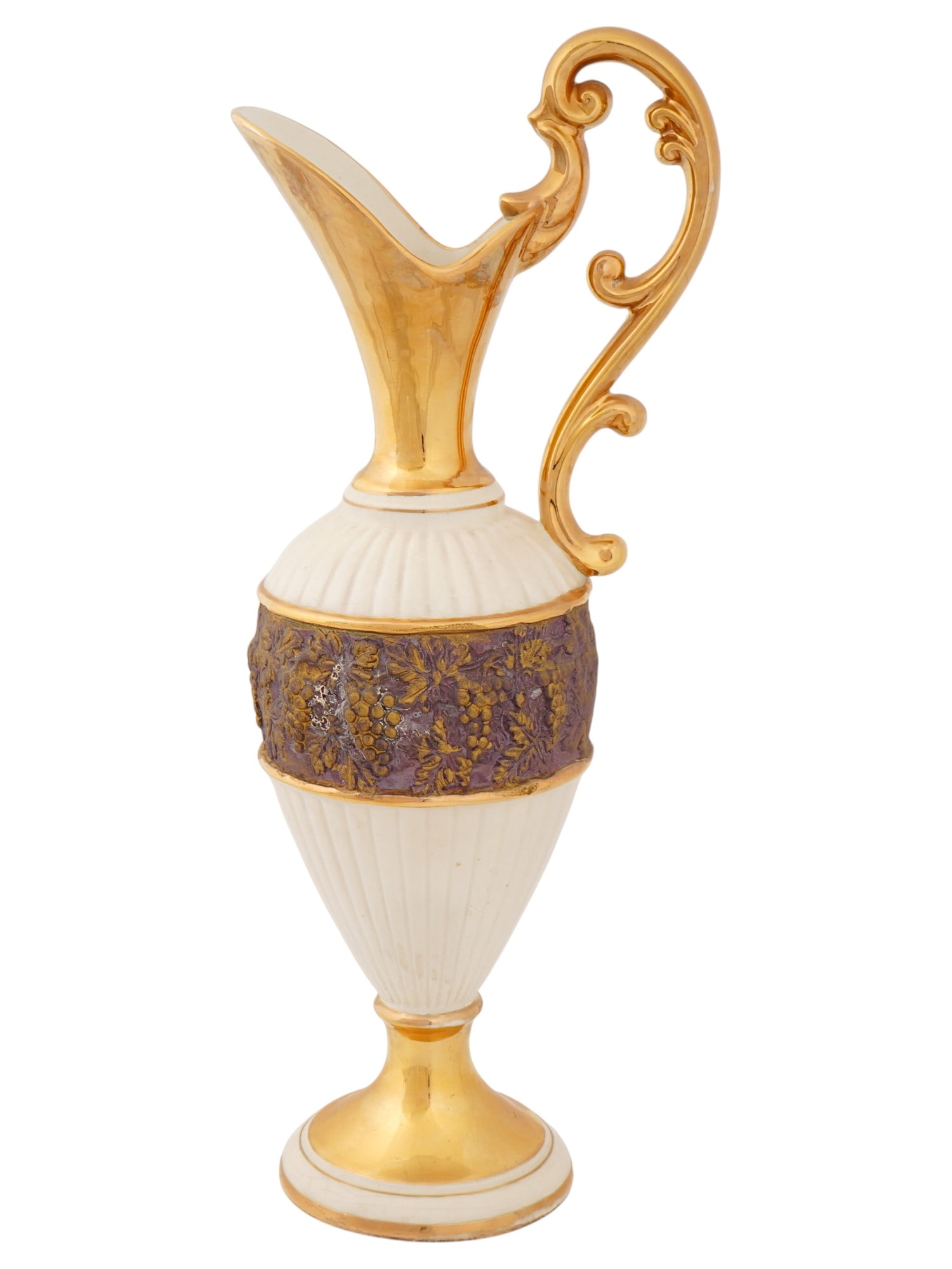 VINTAGE ITALIAN CASA VINICOLA BOCCACCIO CERAMIC PITCHER: A vintage Italian ceramic wine decanter pitcher, a 1968 Casa Vinicola Boccaccio piece, produced in Florence, Italy. Crafted in a mid-century Italian style with Baroque-inspired detailing, the ewer fea