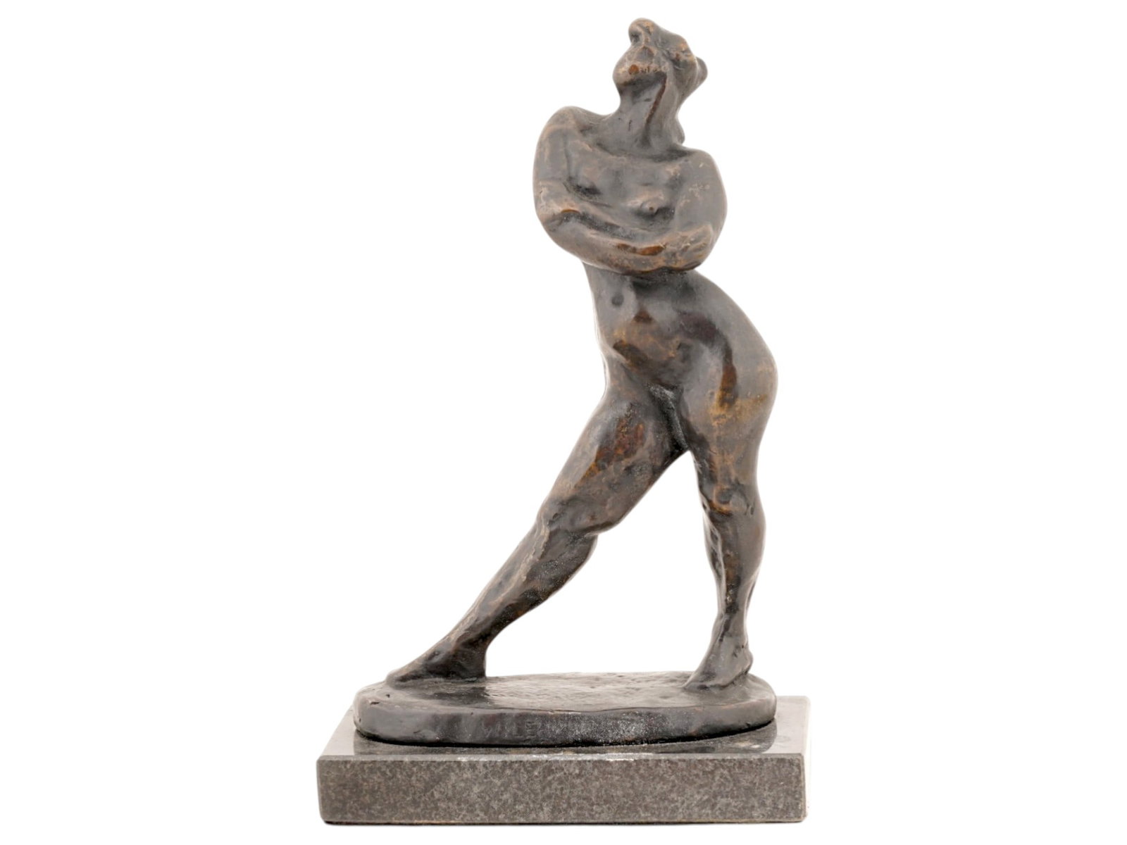 NUDE BRONZE SCULPTURE AFTER CHARLOTTE VAN PALLANDT: A patinated bronze sculpture after the original sculpture, Truus Trues or Little Standing Woman with One Leg Extended Forward by Charlotte van Pallandt, 1898 to 1997. The sculpture is made of bronze w