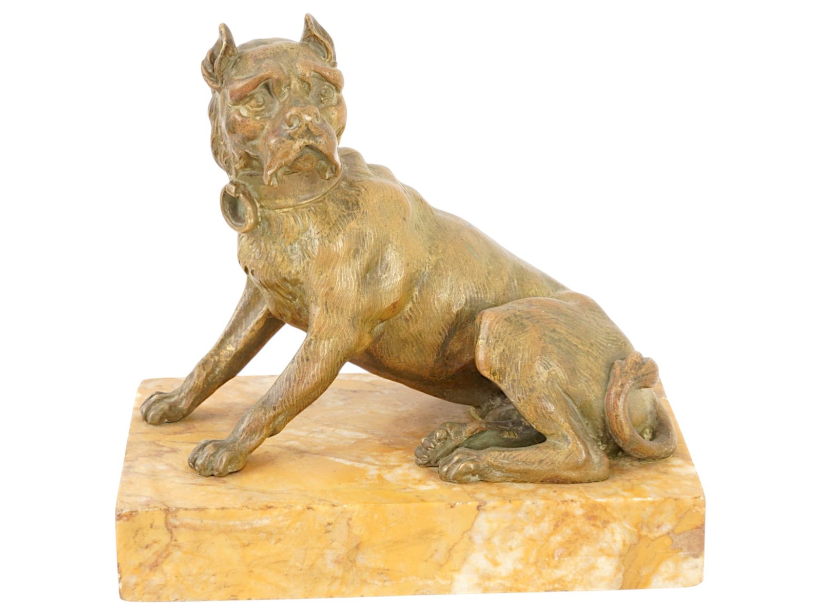EUROPEAN BRONZE SCULPTURE OF BULL DOG W MARBLE BASE: A vintage patinated bronze sculpture. The sculpture depicts a seated bulldog with a collar. The figurine is adorned with engraved detailed fur and facial expression. Mounted on a marble base. Similar