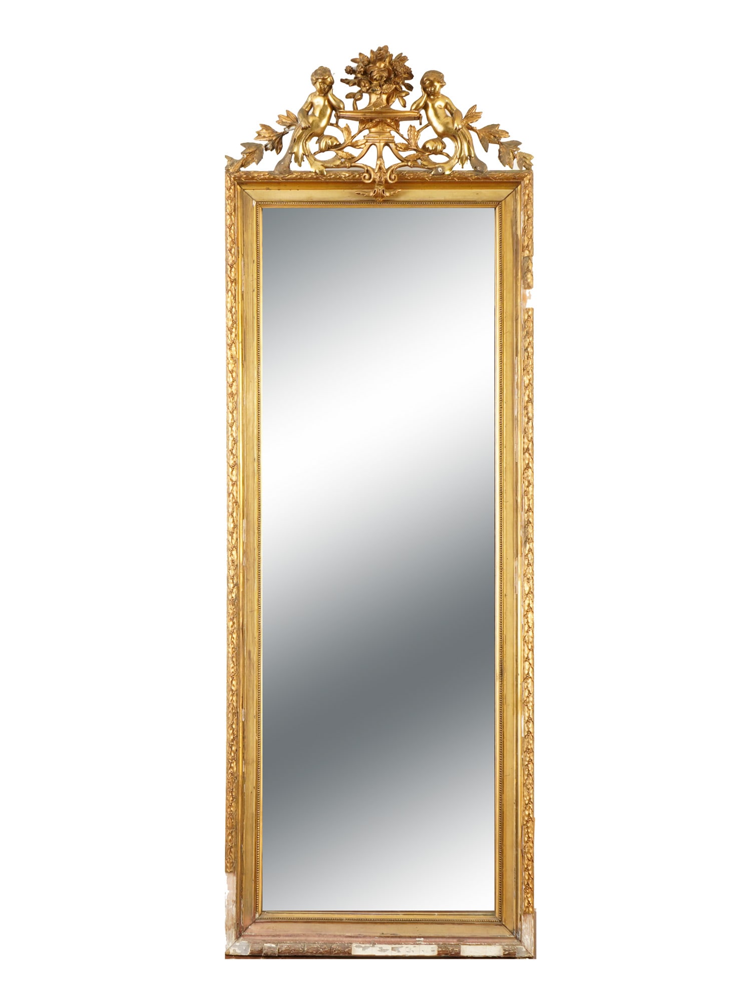 ANTIQUE FRENCH CARVED GILT WOOD FRAMED MIRROR W PUTTI: An antique French carved gilt wood framed mirror. Circa 19th century. The frame is made of carved gilt wood and gesso, finished with genuine gold leaf. The most distinct feature is the elaborate top p