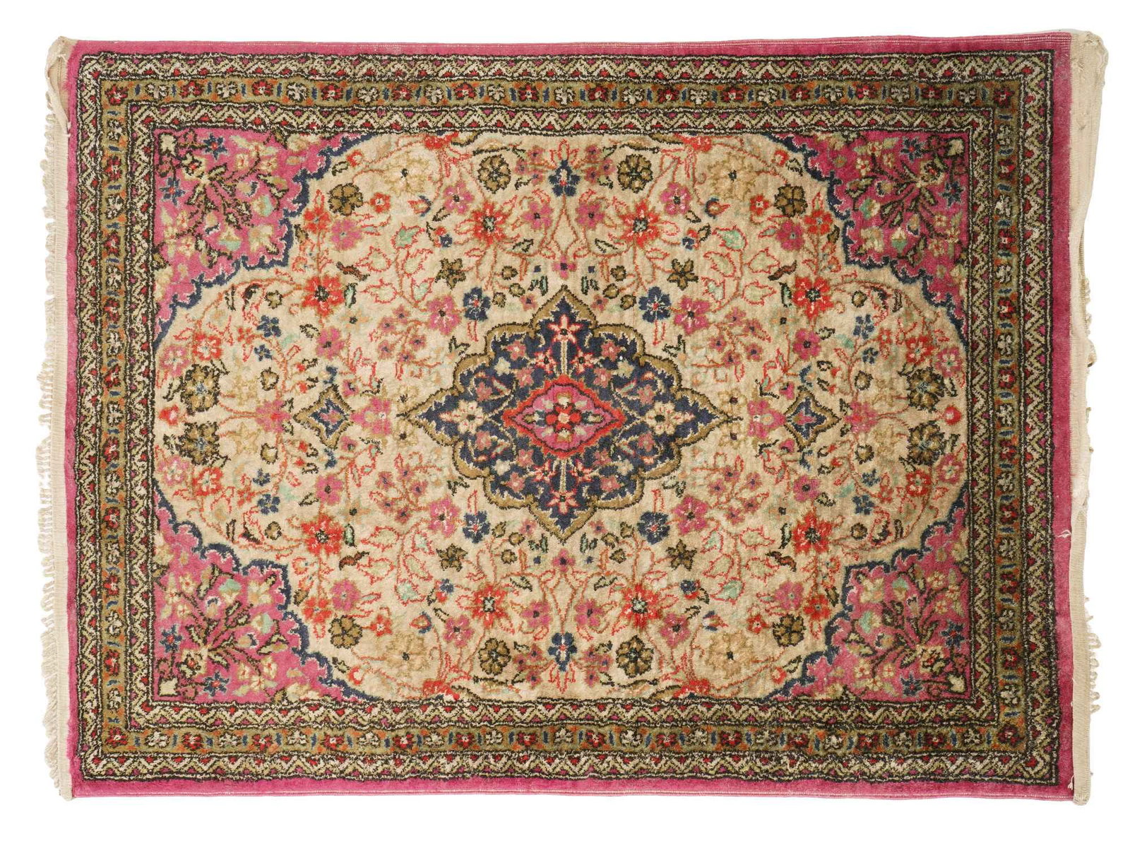 VINTAGE PERSIAN HAND WOVEN SILK PRAYING RUG: A vintage Persian praying carpet or rug made of hand-woven silk. The rectangular rug features vibrant floral ornamental decor in red, yellow, and black. Oriental Islamic Home Decor, Rugs And Carpets F