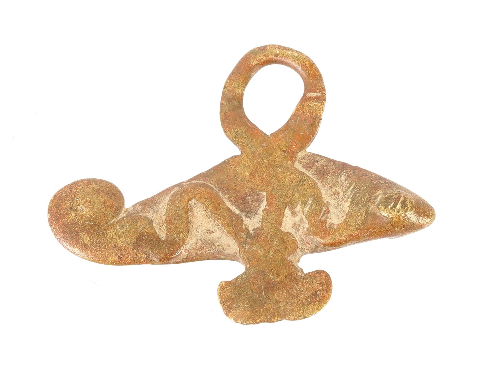 WEST AFRICAN AKAN CAST BRONZE FISH FIGURINE: A West African bronze figurine, likely of Akan origin from Ghana or the Ivory Coast, is cast in the form of a stylized fish using the lost-wax technique. The piece features a prominent suspension loop
