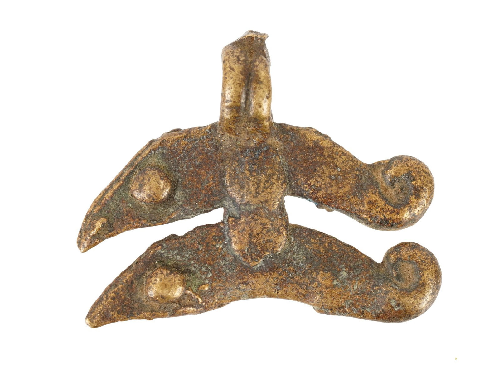 VINTAGE WEST AFRICAN BRONZE TWIN AMULET FIGURINE: A vintage West African bronze twin amulet, originating from the Lobi or Gan peoples of Burkina Faso or northern Ghana. Features a symmetrical double-figure design symbolizing the spiritual power of tw