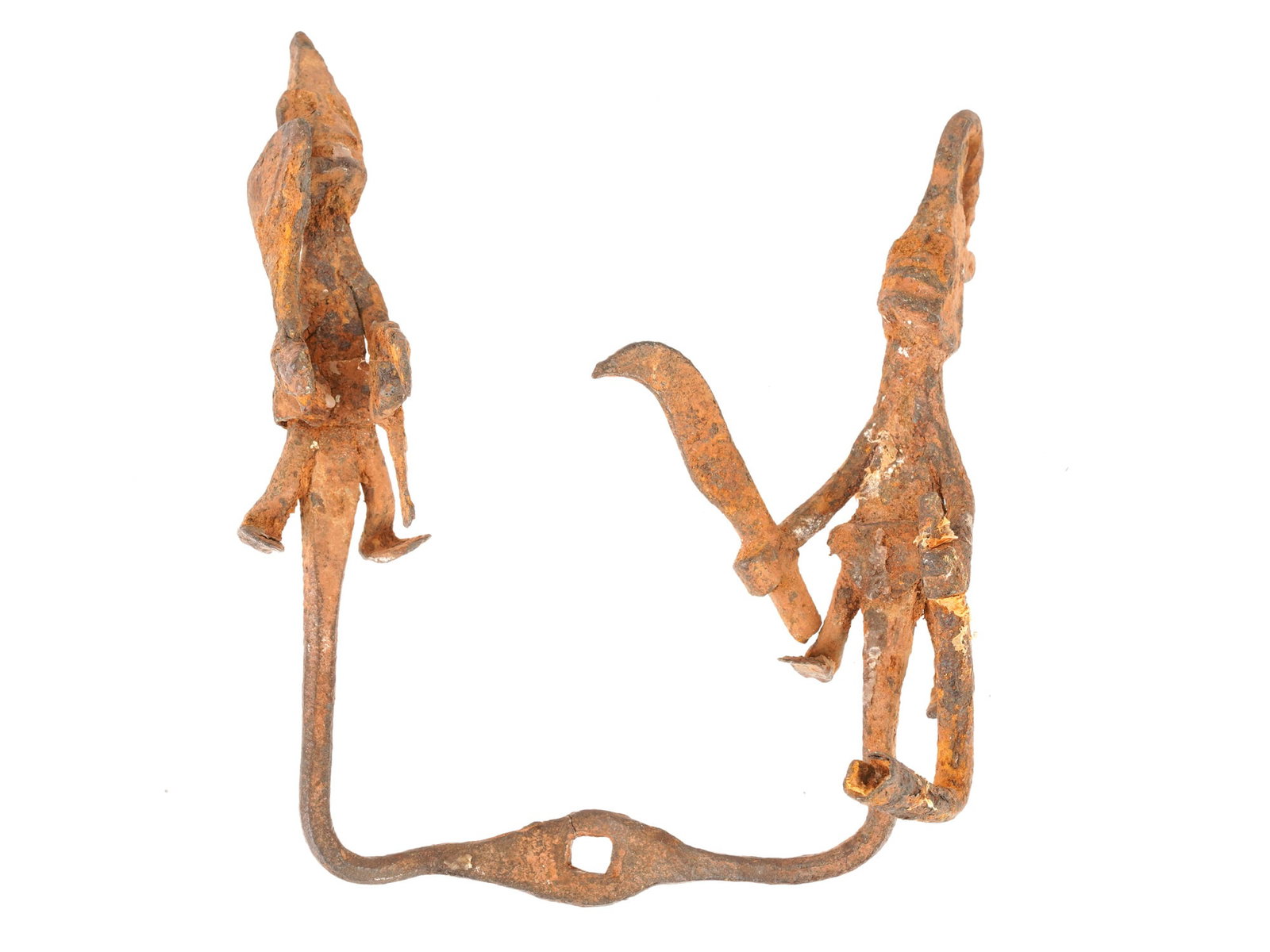 ANTIQUE WEST AFRICAN CAST BRONZE WARRIORS FIGURES: An antique West African cast bronze figure. The item features two stylized warriors with sword figures mounted on a continuous U-shaped bar with a central suspension loop. The composition demonstrates
