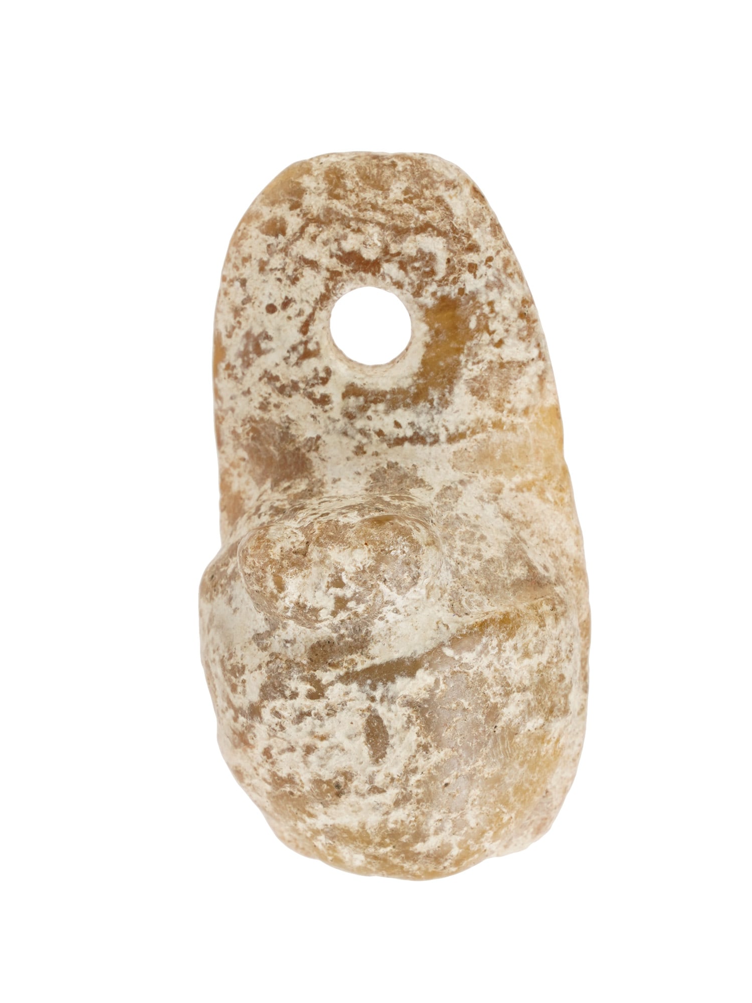 CHINESE HAND CARVED JADE FIGURAL PENDANT AMULET: A Chinese hand carved jade figural pendant amulet. The ware depicts a mythological creature with stylized facial features and a flattened reverse. A single circular aperture is drilled through the upp