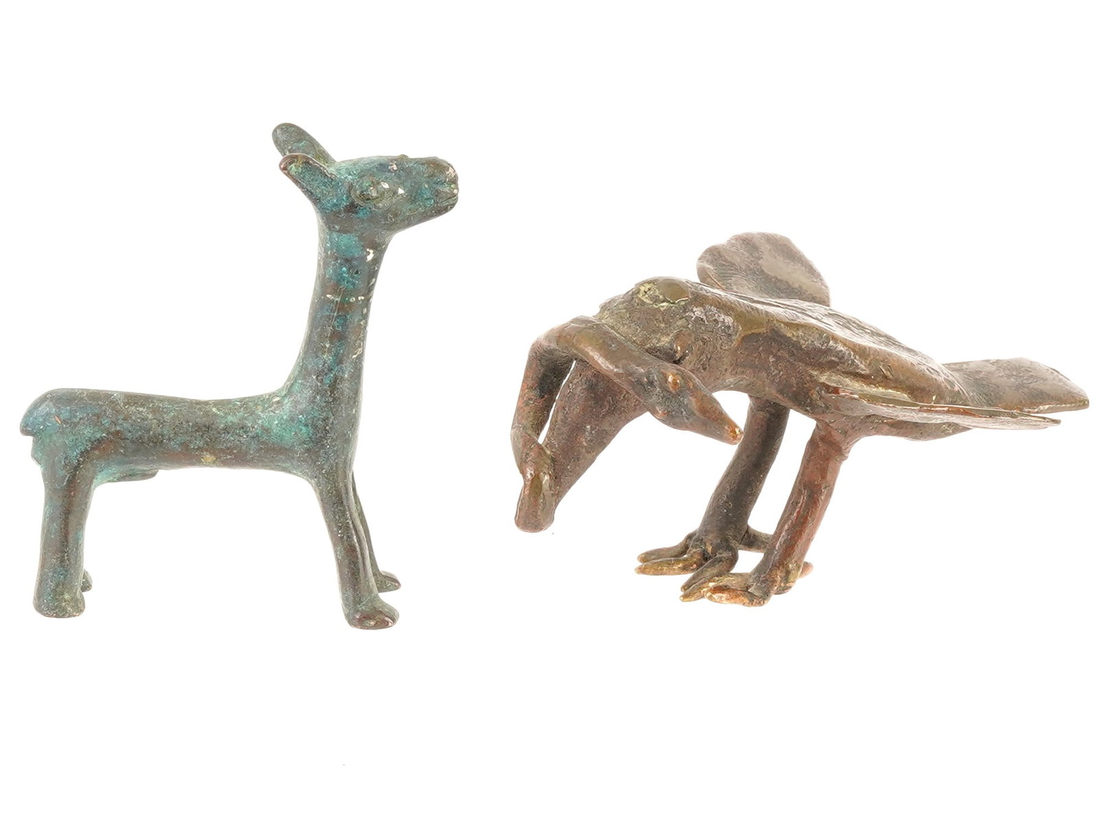 TWO ANCIENT BRONZE ZOOMORPHIC FIGURES: Two ancient bronze zoomorphic figures. The bird, representing a duck or waterfowl, retains suspension loops that once held small dangling elements designed to jingle and ward off evil spirits. Accompa