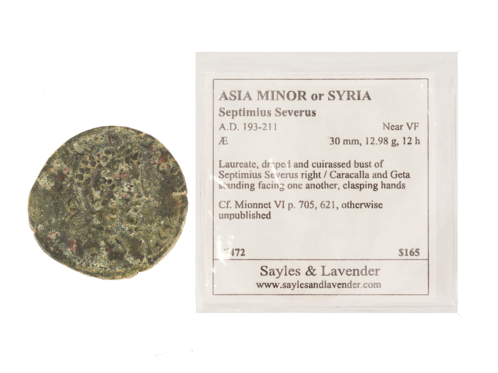 ANCIENT ROMAN BRONZE COIN ASIA SYRIA SEPTIMIUS SEVERUS: An ancient Roman bronze coin minted in Asia Minor or Syria during the reign of Emperor Septimius Severus, 193 to 211 AD. Features a detailed portrait of the emperor on the obverse, shown laureate, dra