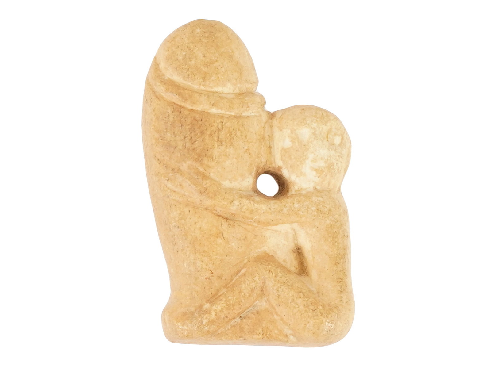 ANCIENT EGYPTIAN HAND CARVED SOFT STONE EROTIC PENDANT: An ancient Egyptian hand carved soft stone pendant featuring an erotic image of Pataikos holding elongated phallus. Late Period, 700 to 200 BC. Pataikos is a god in ancient Egyptian mythology who prov