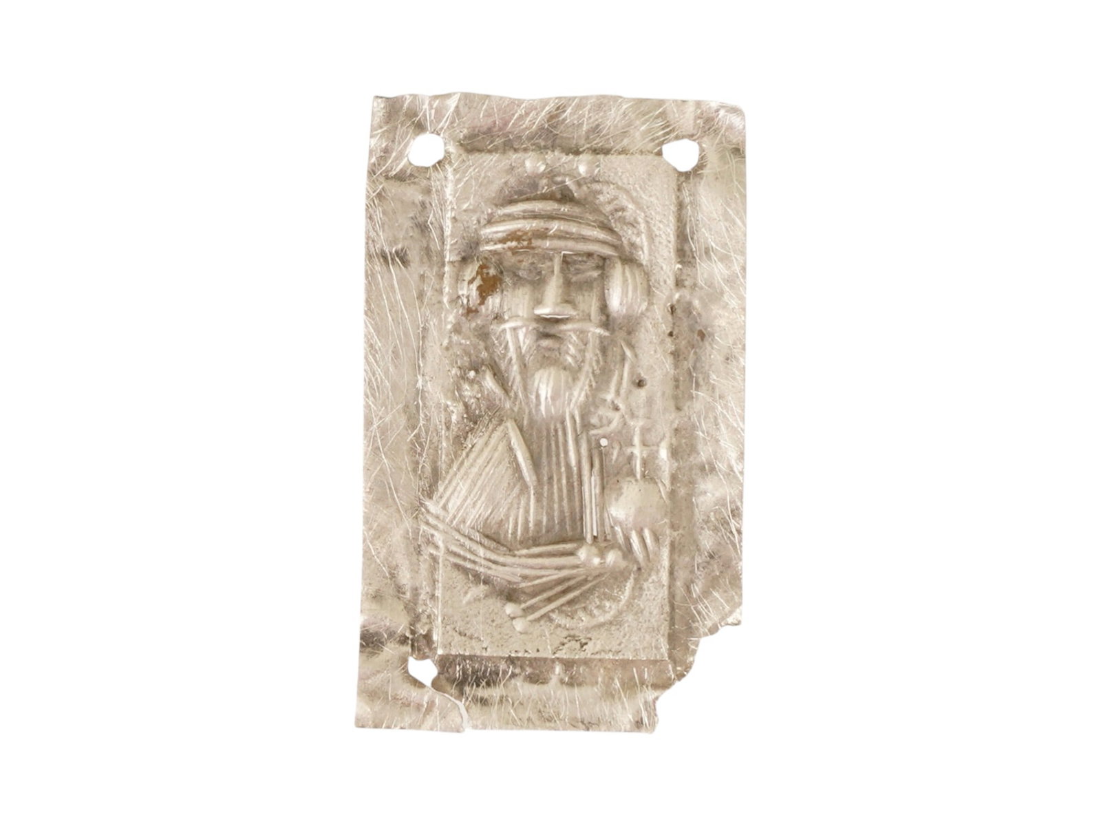 ANCIENT BYZANTINE SILVER VOTIVE PLAQUE IMAGE OF CHRIST: An ancient Byzantine silver votive plaque, dating circa 400 to 600 AD. Depicts the image of Christ and reflects the devotional traditions of the early Christian Byzantine world. Such plaques were typi